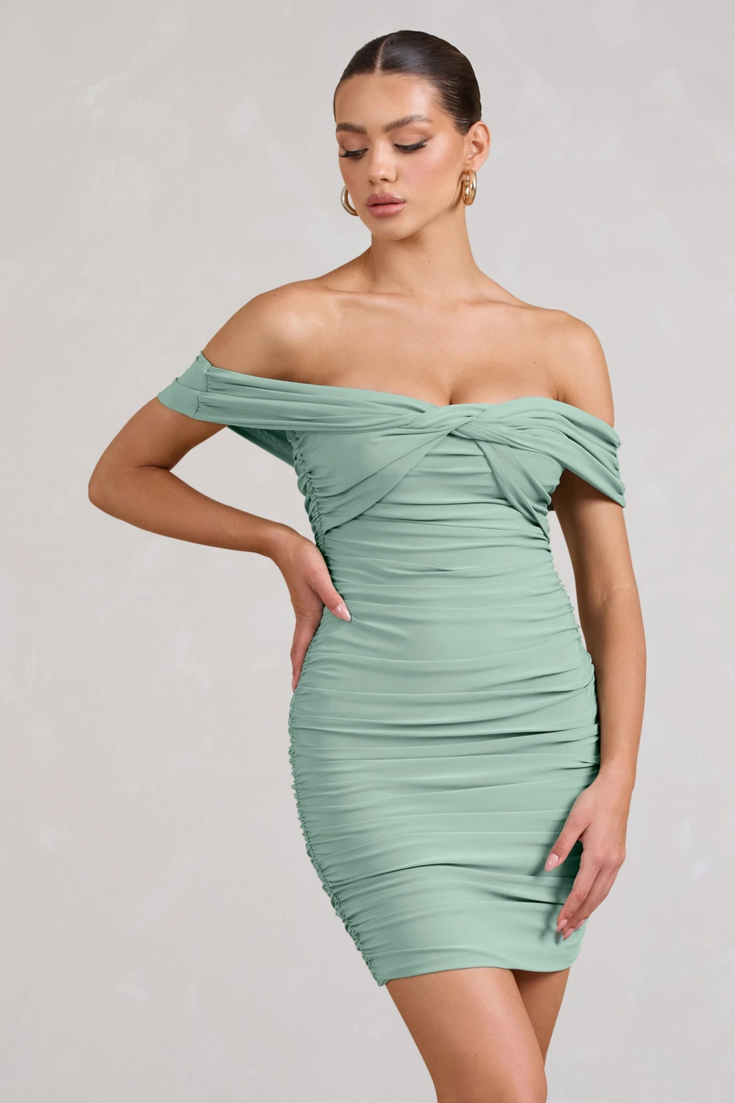 Appreciate | Sage Off The Shoulder Ruched Mini Dress - Image 4