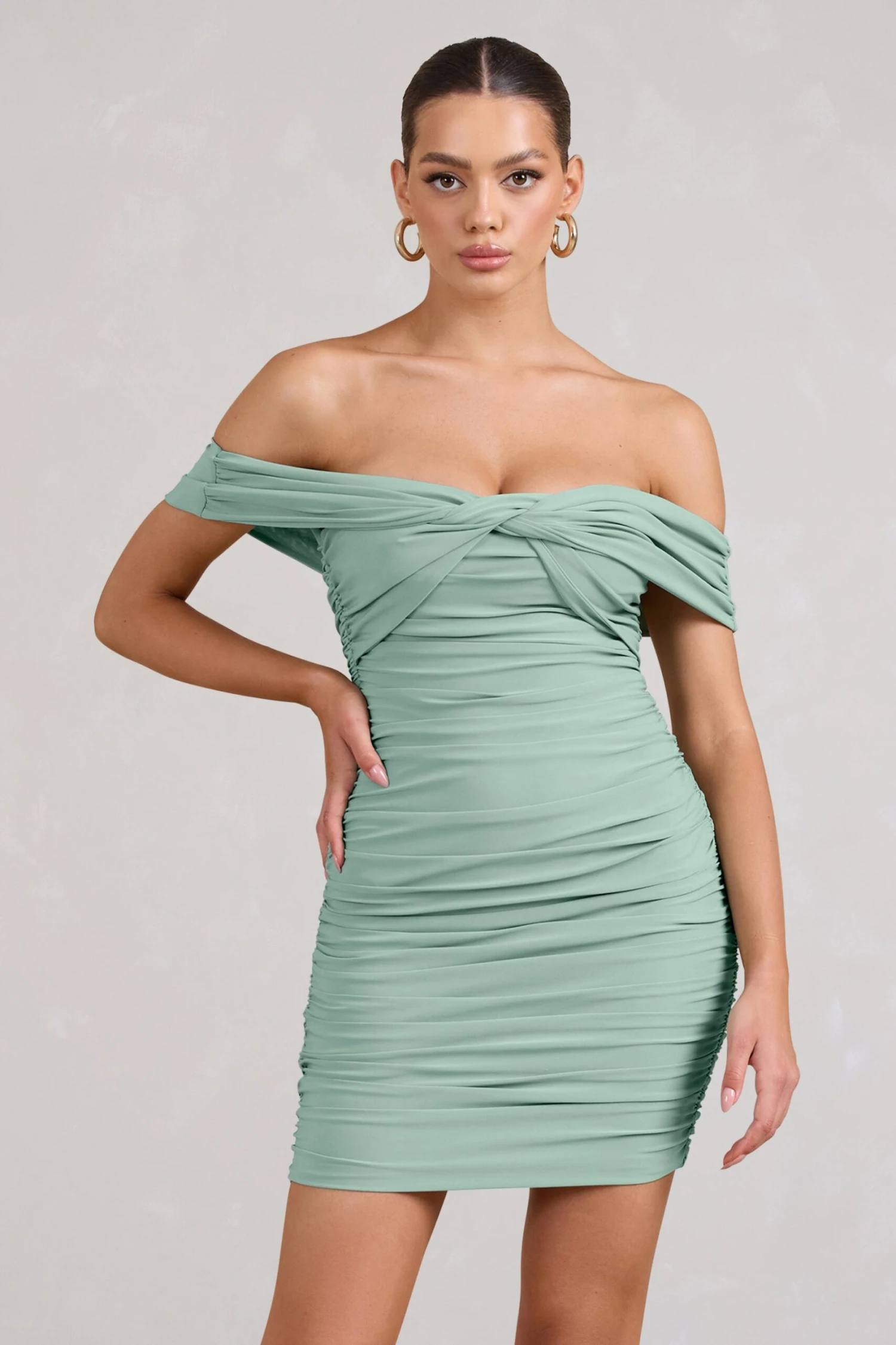 Appreciate | Sage Off The Shoulder Ruched Mini Dress - Image 5