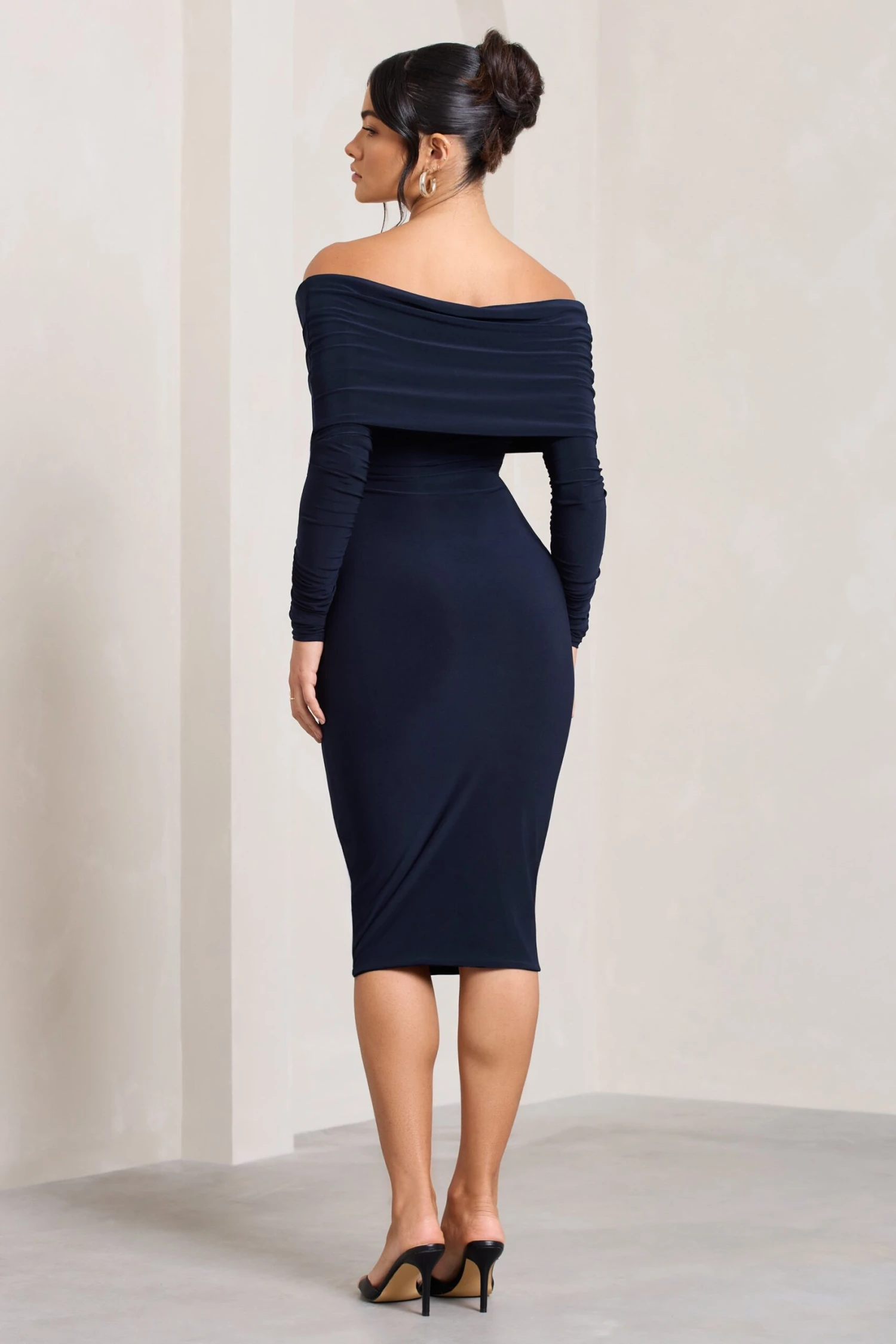 Flatter Me | Navy Twist Front Bardot Midi Dress - Image 2