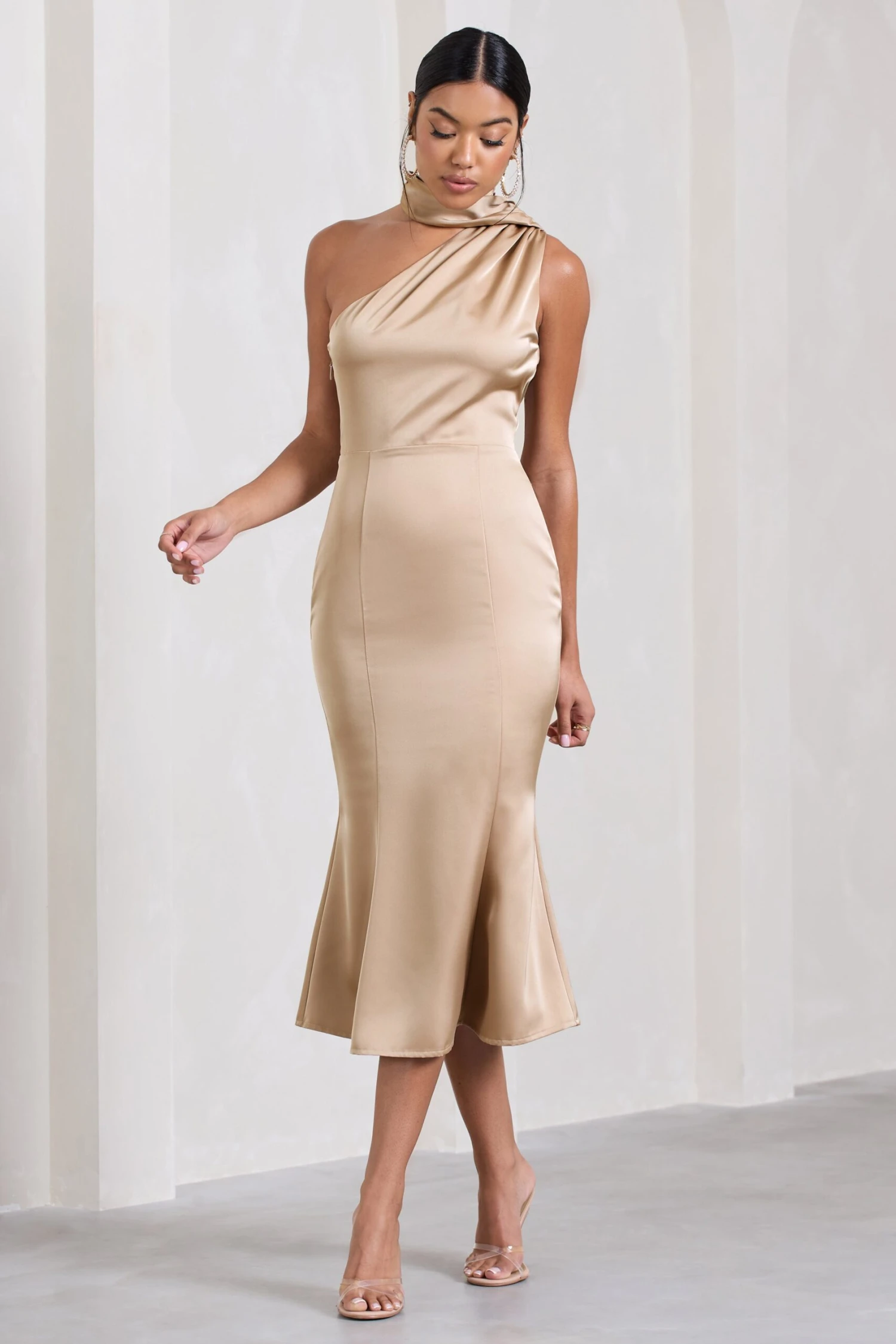 Golden Girl | Champagne Satin Asymmetric High-Neck Flared Midi Dress
