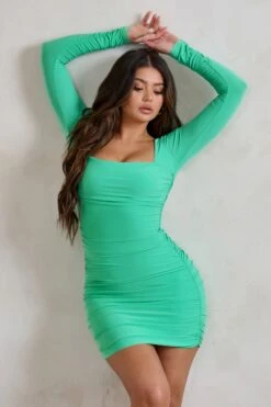 Muse | Spring Bud Long Sleeve Square Neck Ruched Mini Dress