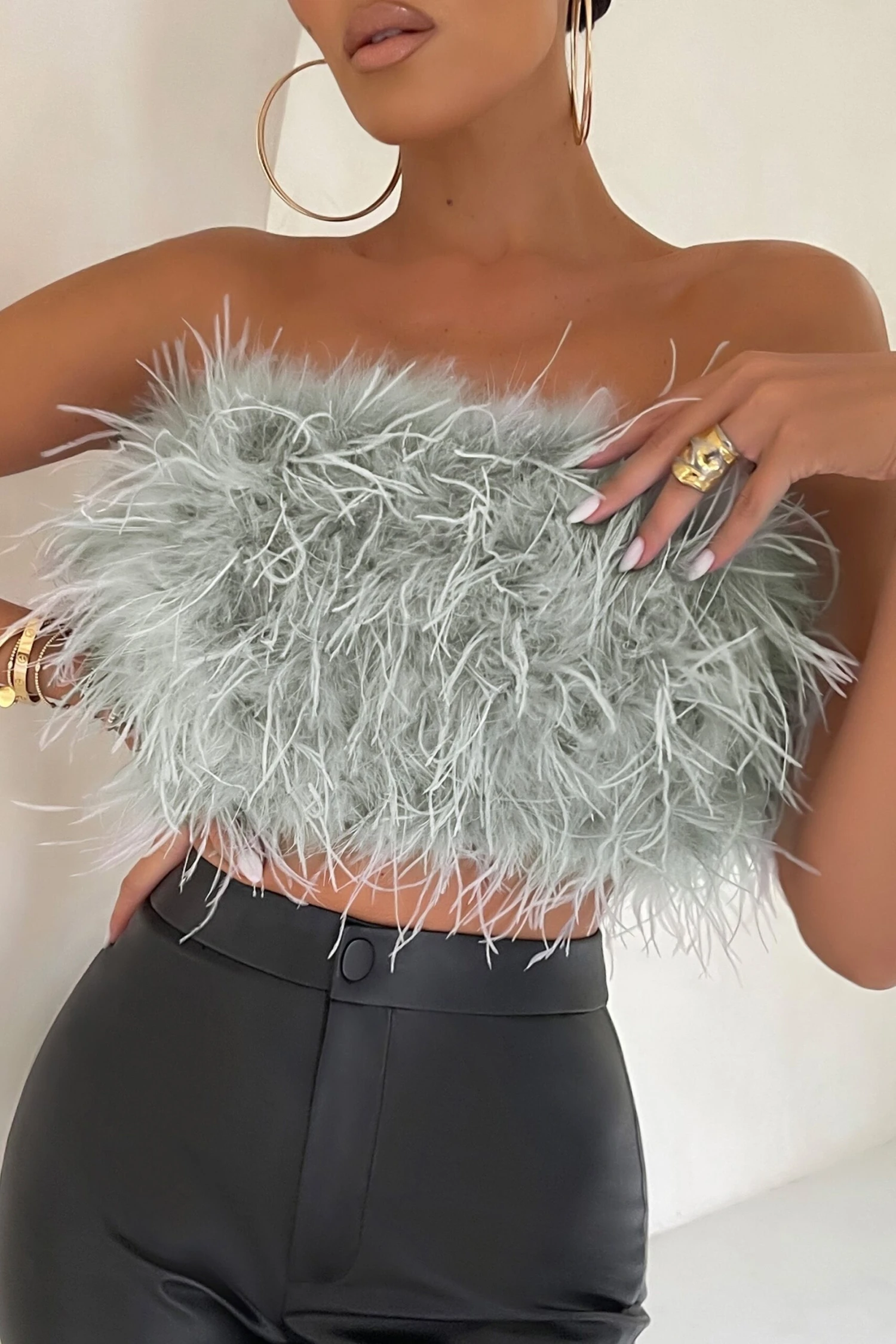 Dream Daze | Grey Feather Bandeau Crop Top - Image 3