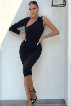 Refine | Black One Shoulder Midi Bodycon Dress