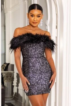 Flashy | Petite Black Sequin Mini Dress With Feather Bardot
