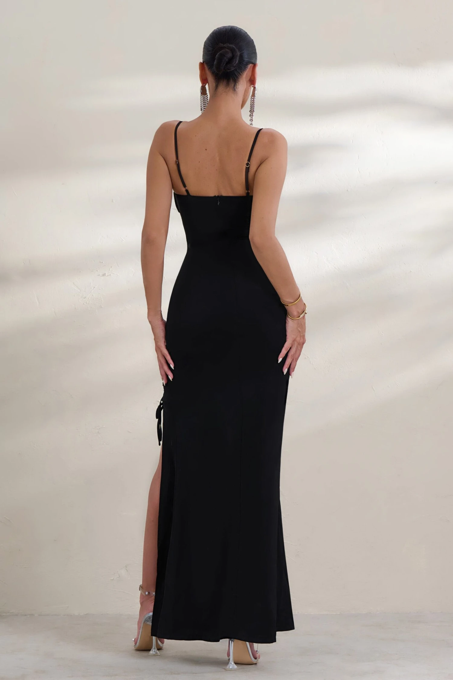 On Show | Black Lace Up Detail Split Leg Maxi Dress - Image 2