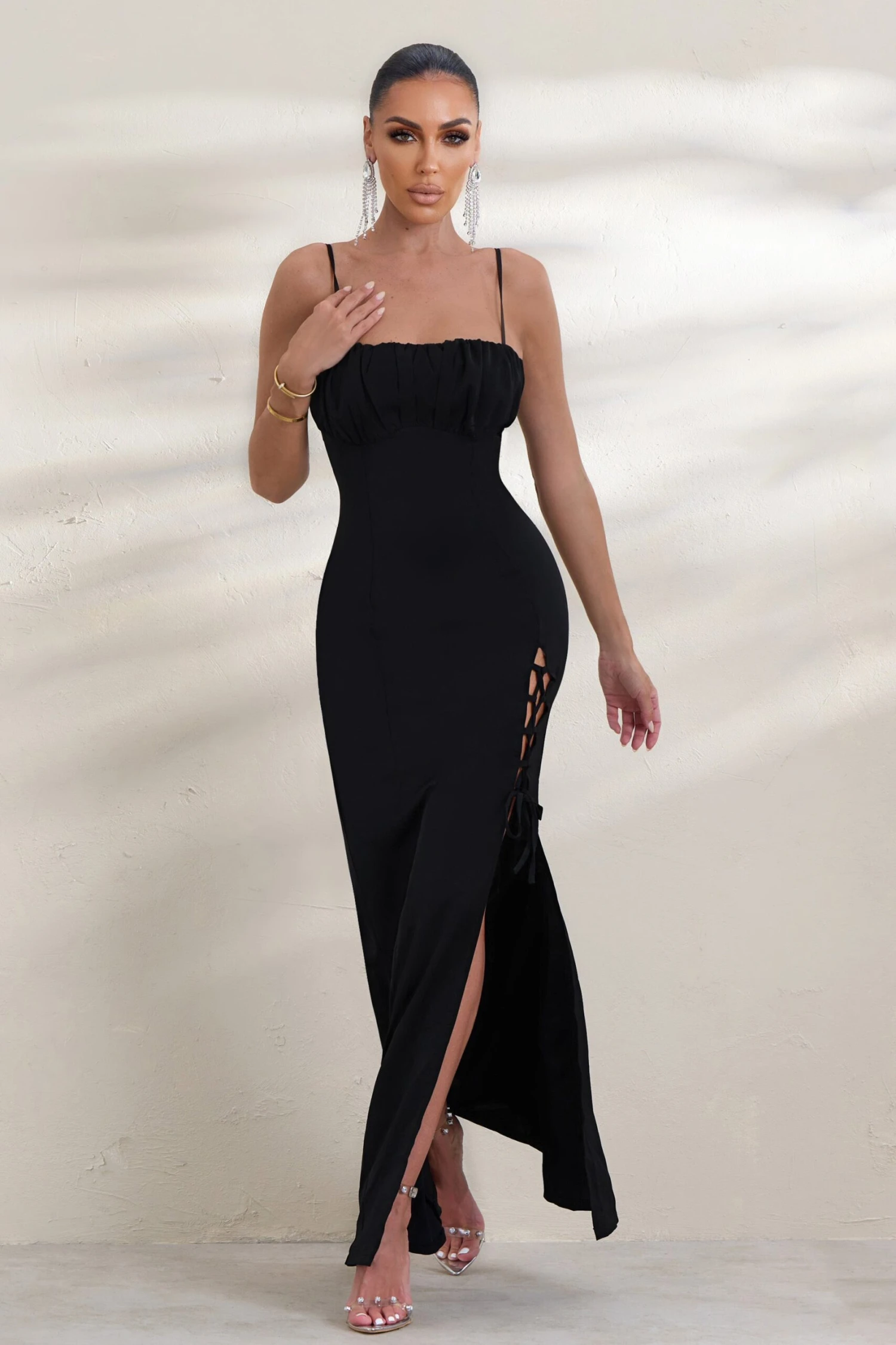 On Show | Black Lace Up Detail Split Leg Maxi Dress - Image 4