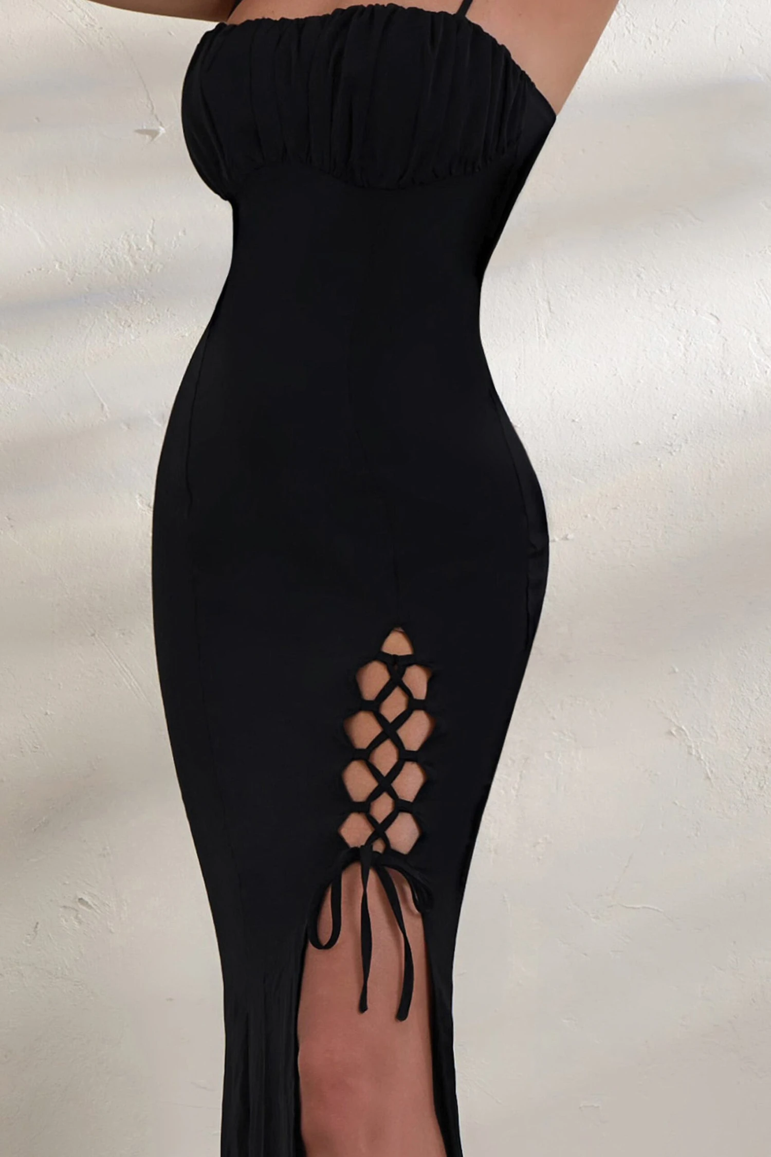 On Show | Black Lace Up Detail Split Leg Maxi Dress - Image 3