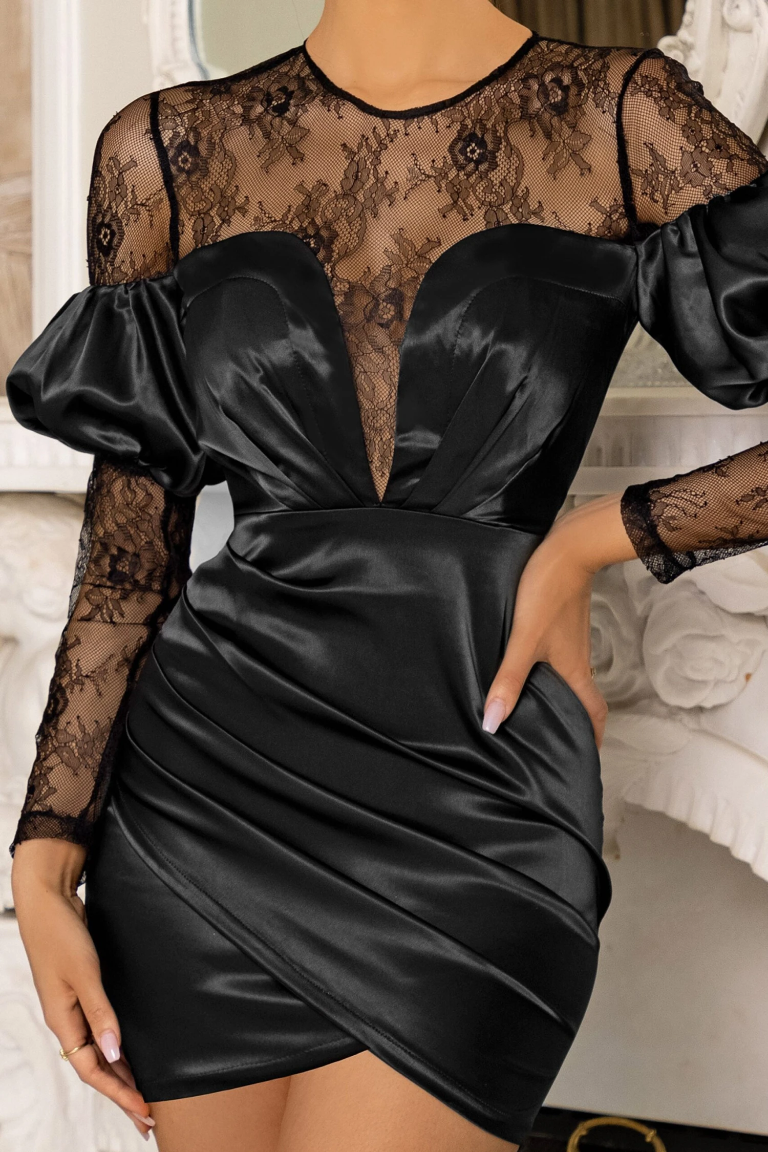 For You | Black Bardot Lace Detail Satin Mini Dress - Image 3