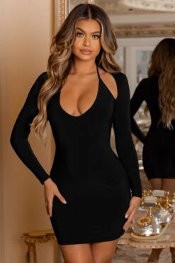 Overload | Petite Black Plunge Neck Long Sleeve Mini Dress