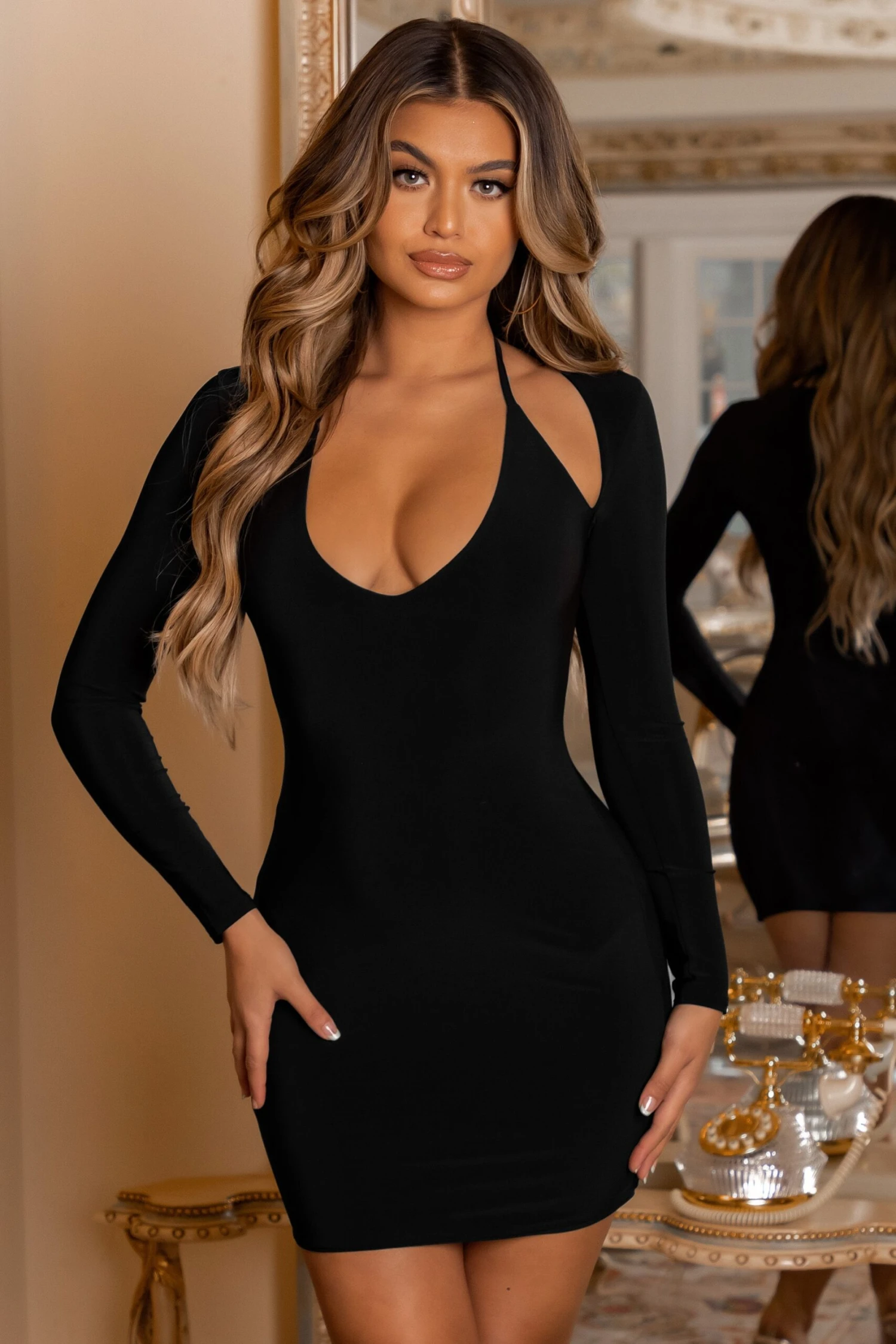 Overload | Petite Black Plunge Neck Long Sleeve Mini Dress