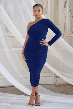 In The Shadows | Royal Blue One Sleeve Midi Dress With Ruching