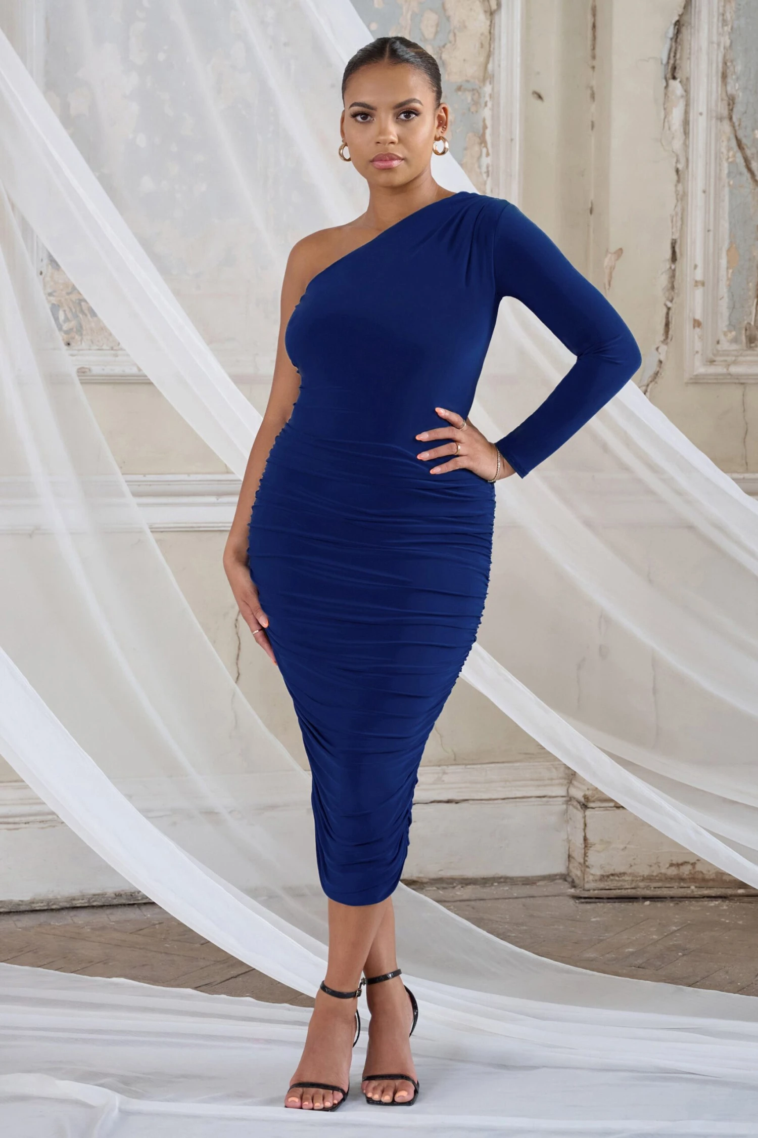 In The Shadows | Royal Blue One Sleeve Midi Dress With Ruching