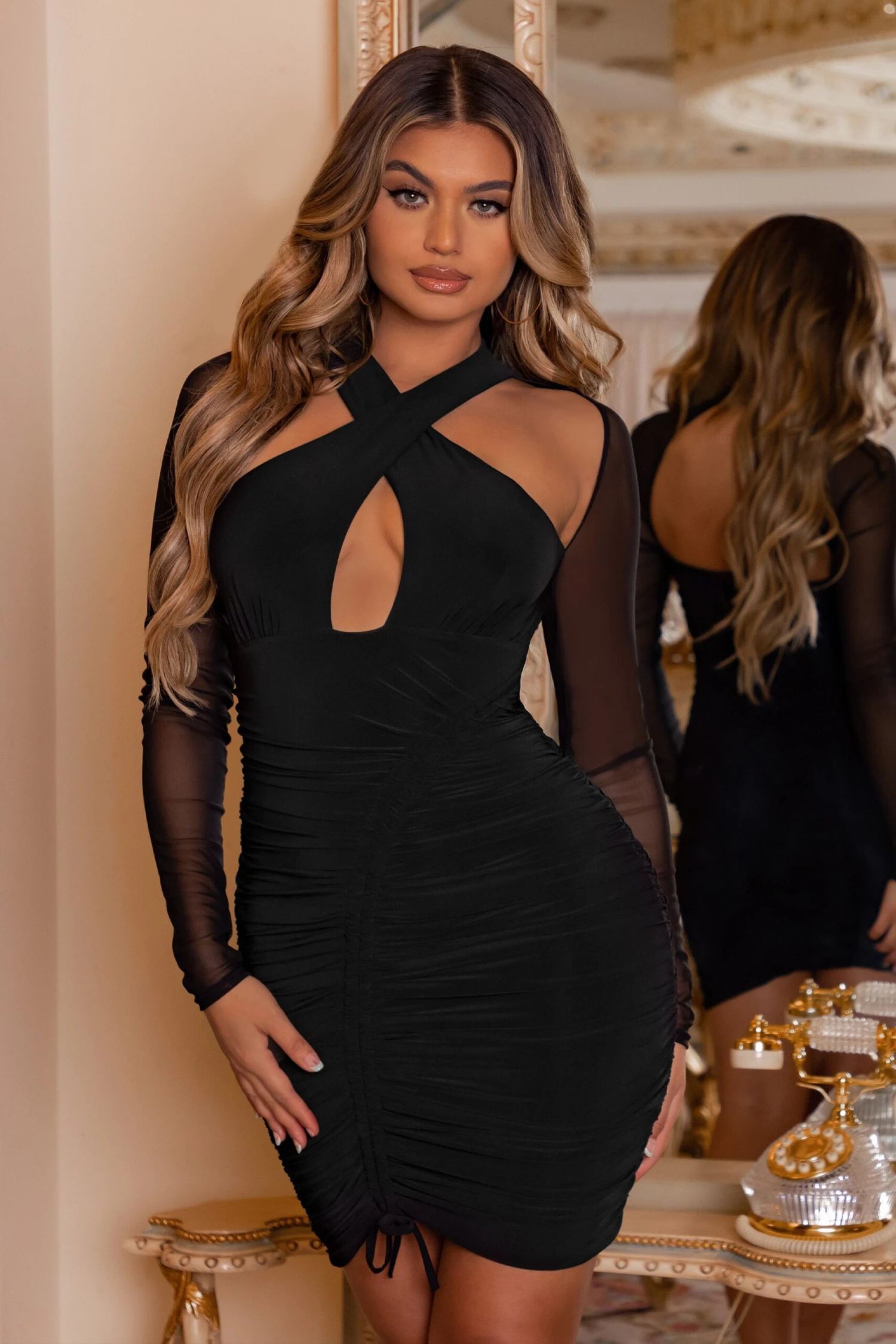 Eyes On You | Black Long Sleeve Halter Neck Mini Dress - Image 5