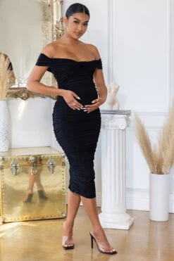 Perfection | Black Maternity Bardot Knot Ruched Midi Dress