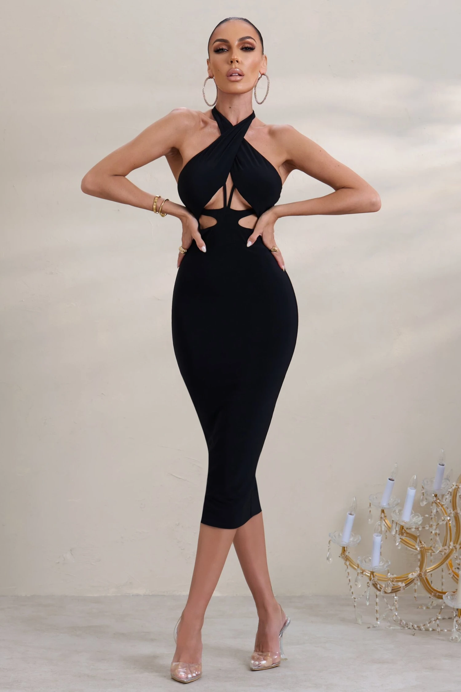 Valetta | Black Halter Neck Cut Out Midi Dress