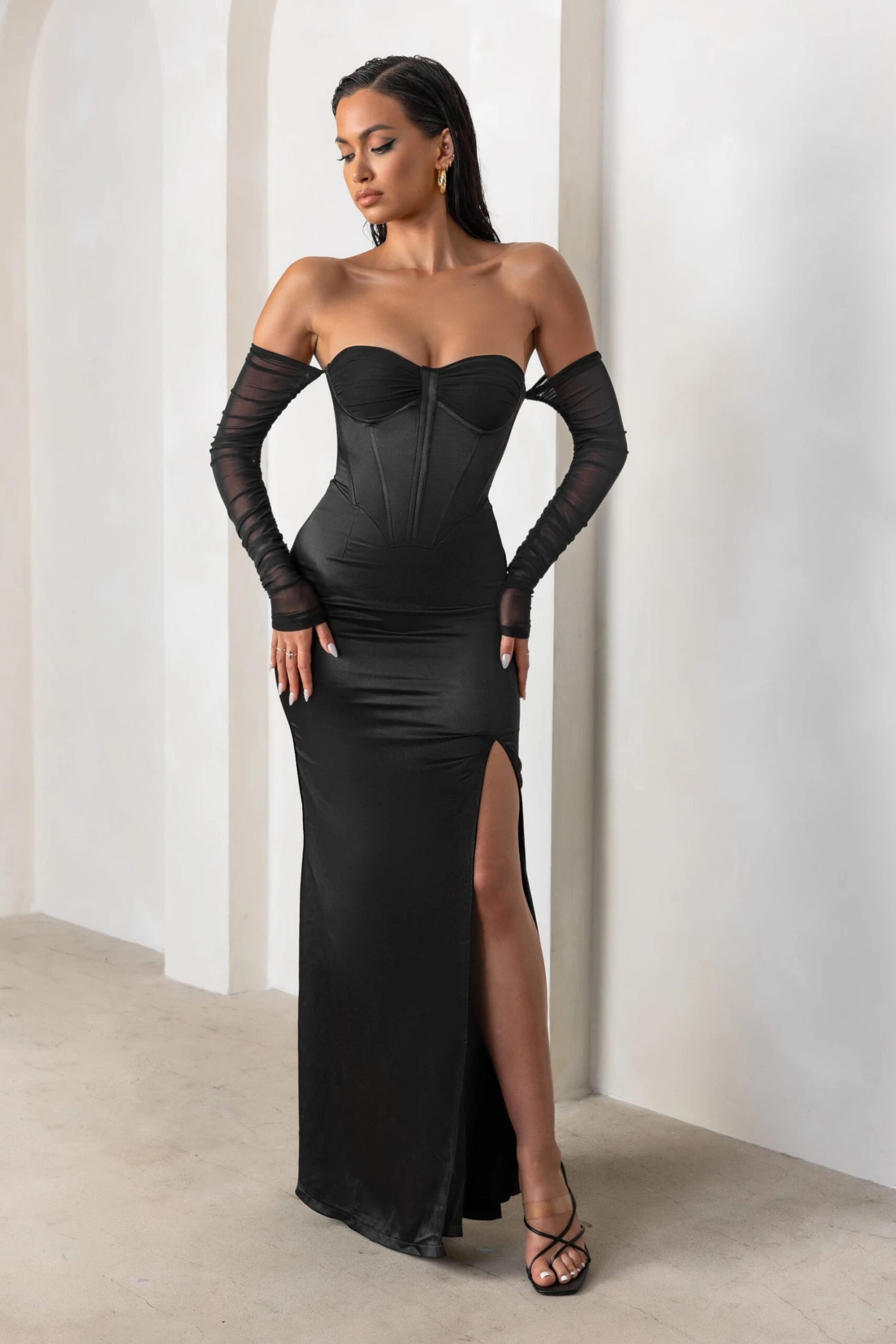 My Prize | Black Satin Bardot Mesh Long Sleeve Maxi Dress With Thigh Split - Image 4