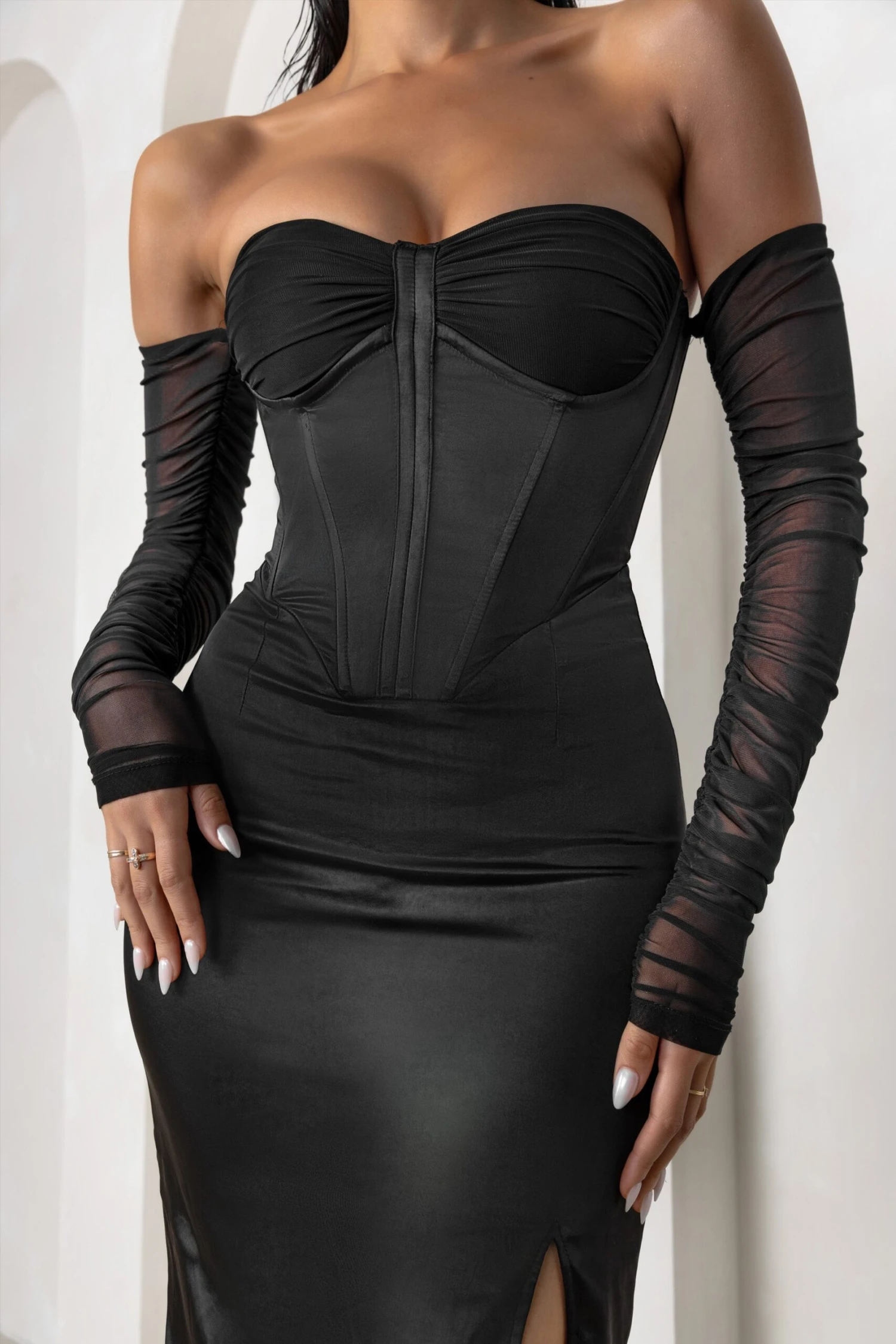 My Prize | Black Satin Bardot Mesh Long Sleeve Maxi Dress With Thigh Split - Image 3