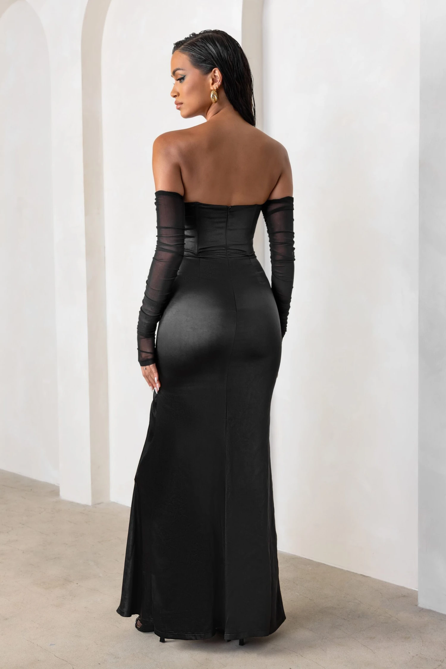My Prize | Black Satin Bardot Mesh Long Sleeve Maxi Dress With Thigh Split - Image 2