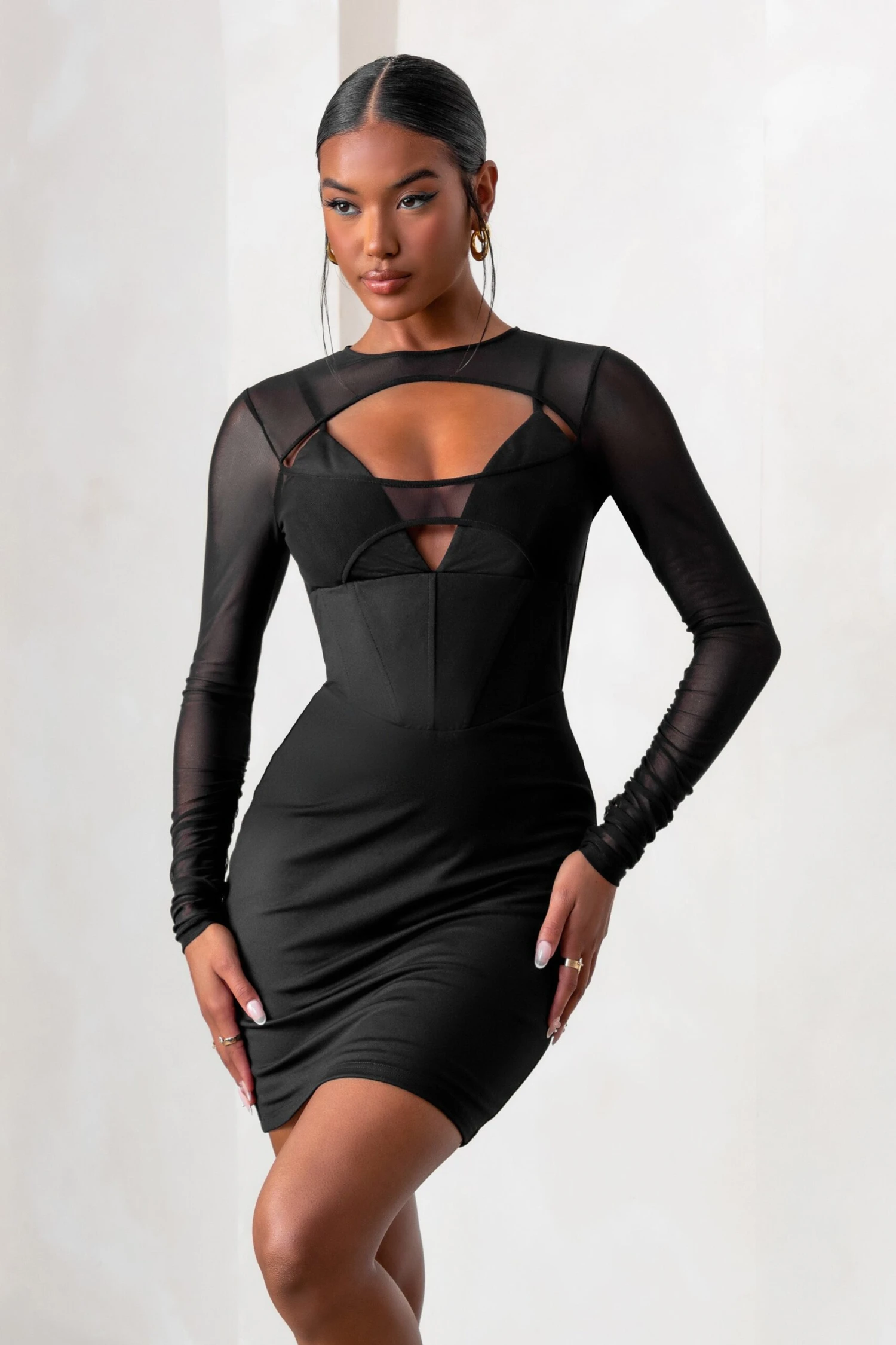 This Moment | Black High Neck Cut Out Mini Dress With Mesh Sleeves - Image 4