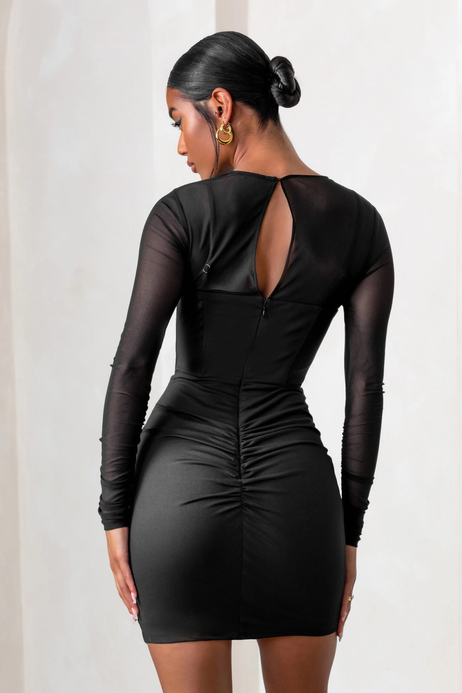 This Moment | Black High Neck Cut Out Mini Dress With Mesh Sleeves - Image 2
