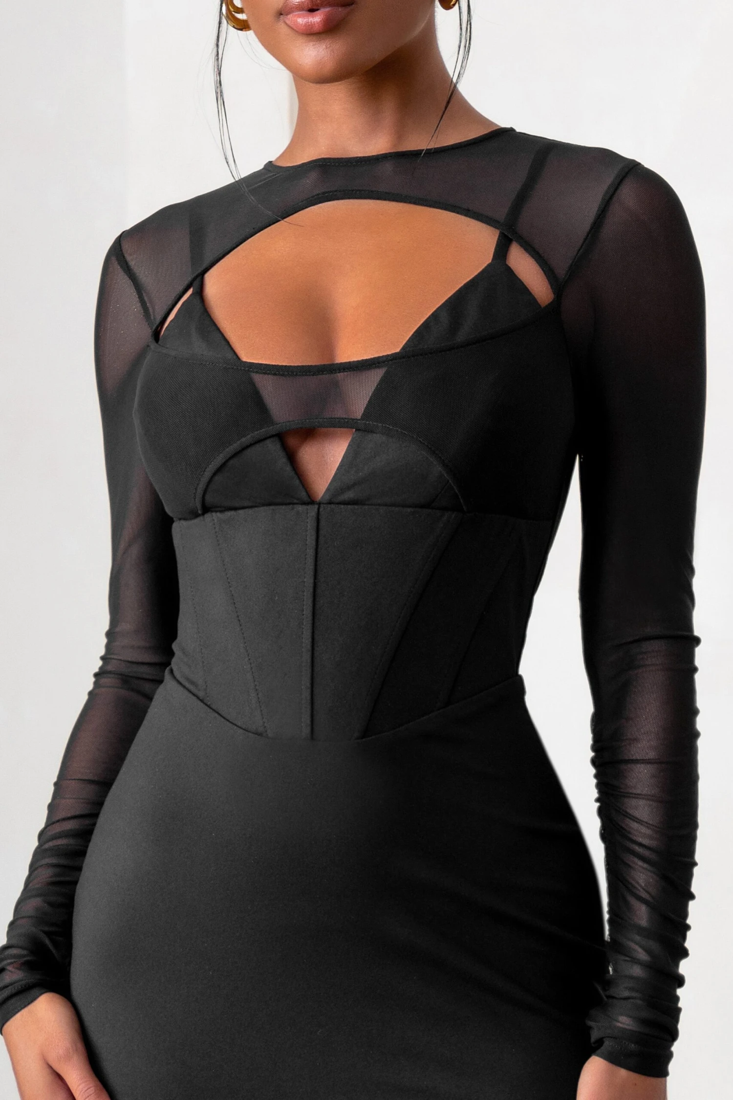 This Moment | Black High Neck Cut Out Mini Dress With Mesh Sleeves - Image 3
