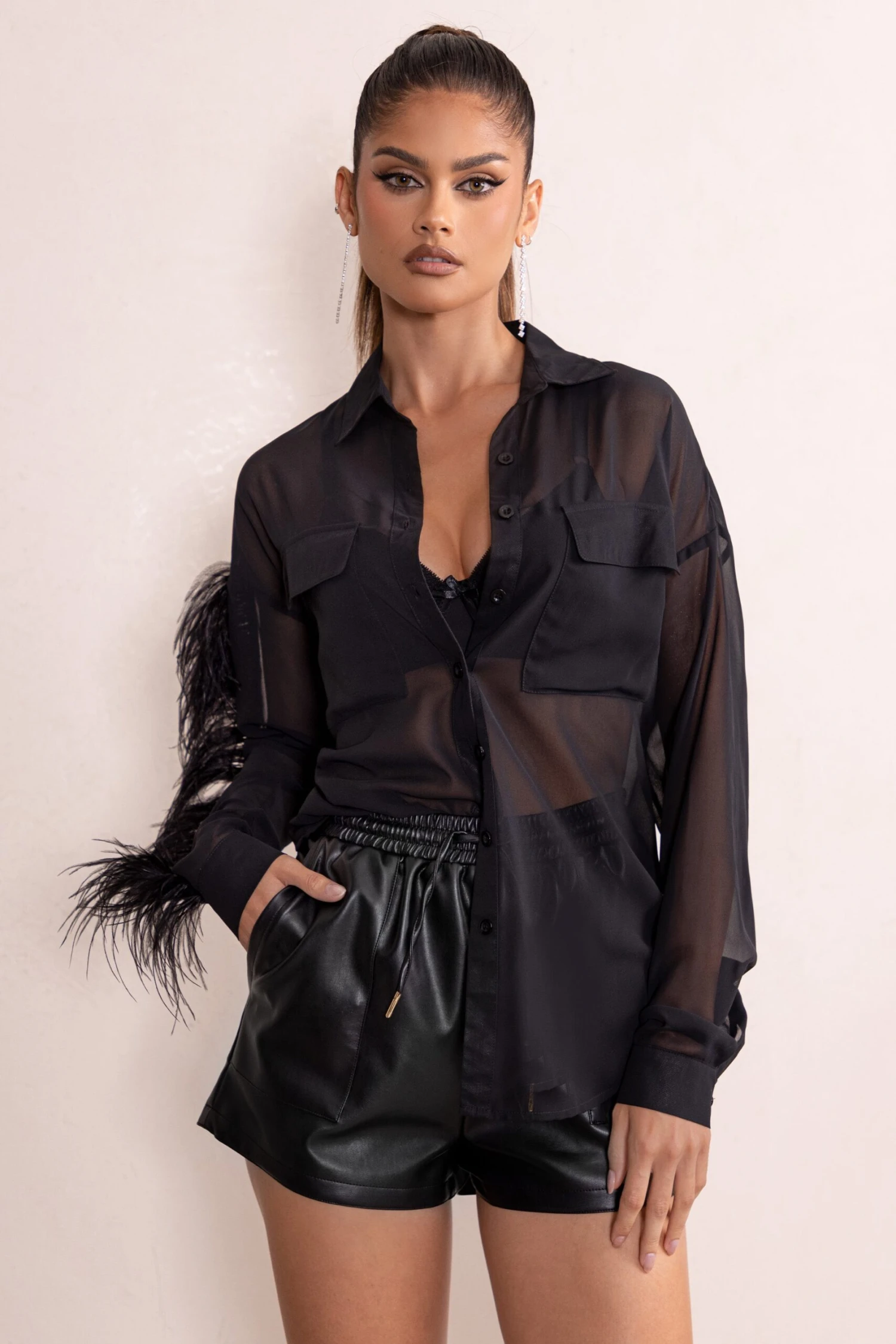 Loosen Up | Black Plunge Neck Utility Pockets Shirt With Feather Trim - Image 2