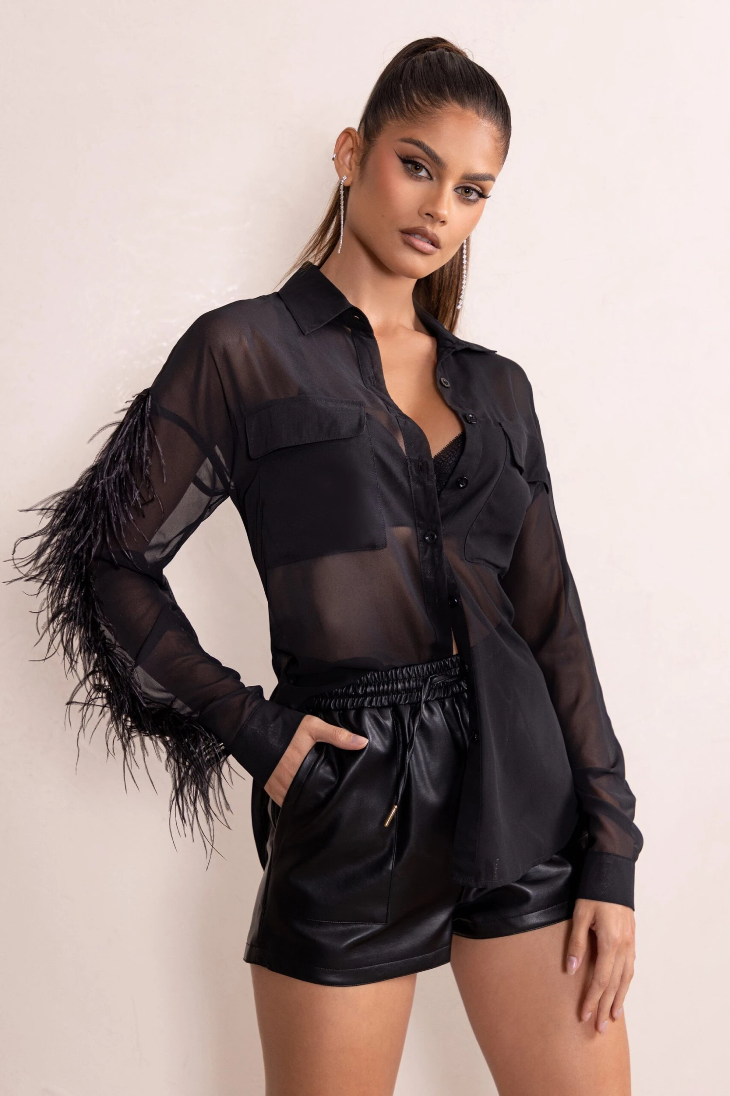 Loosen Up | Black Plunge Neck Utility Pockets Shirt With Feather Trim - Image 3