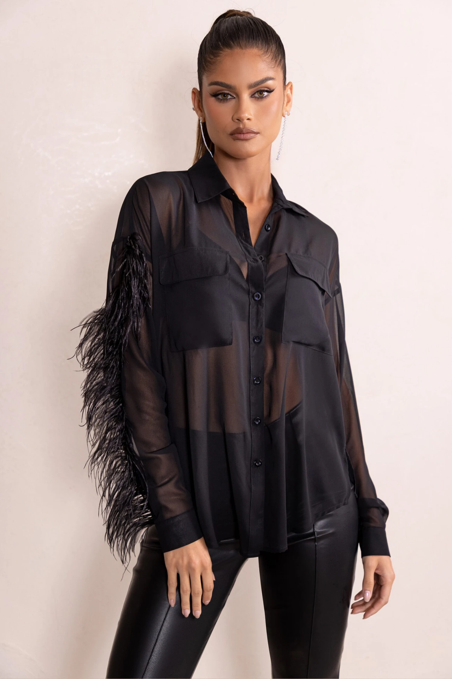 Loosen Up | Black Plunge Neck Utility Pockets Shirt With Feather Trim - Image 4