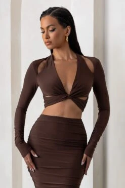 Admirable | Chocolate Brown Plunge Neck Twist Front Crop Top With Long Sleeves