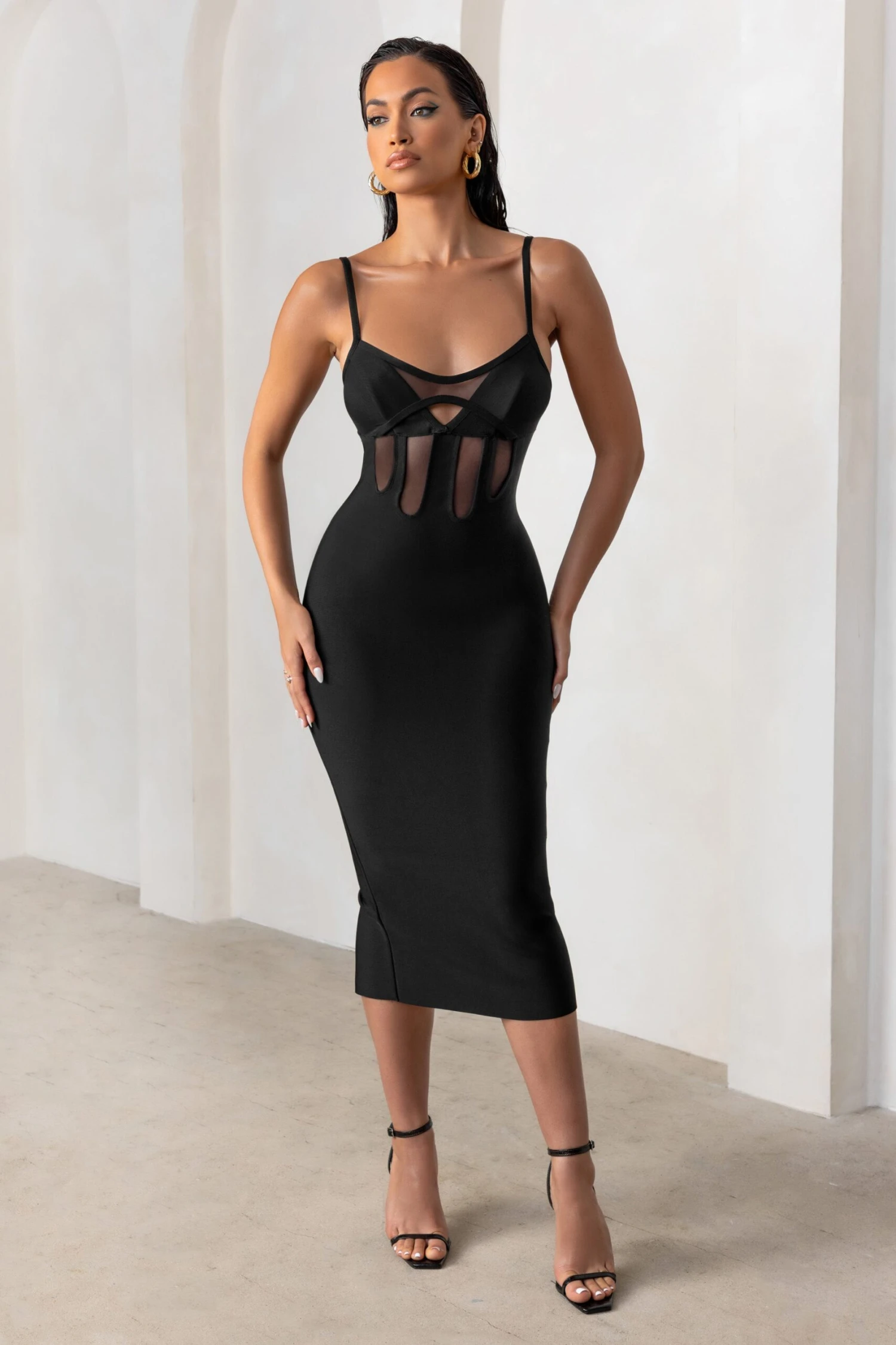 Destiny Calling | Black Bandage Mesh Cut Out Midi Dress With Bra Detail - Image 4