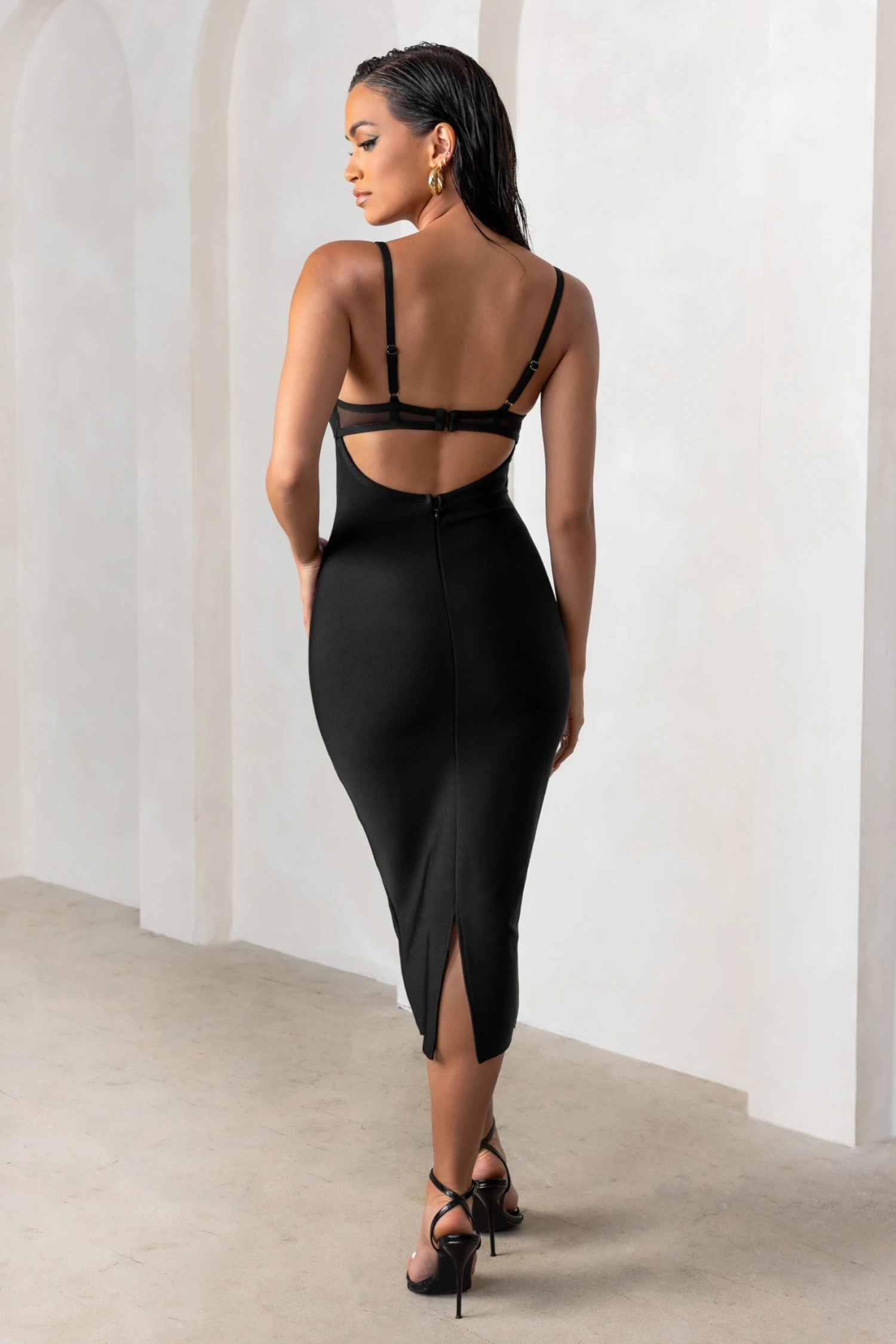 Destiny Calling | Black Bandage Mesh Cut Out Midi Dress With Bra Detail - Image 2