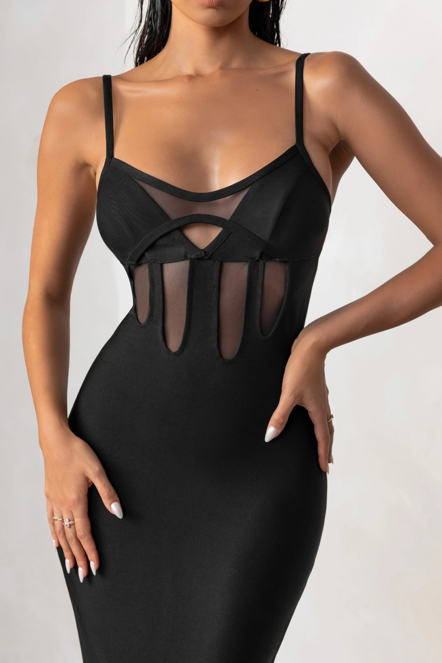 Destiny Calling | Black Bandage Mesh Cut Out Midi Dress With Bra Detail - Image 3