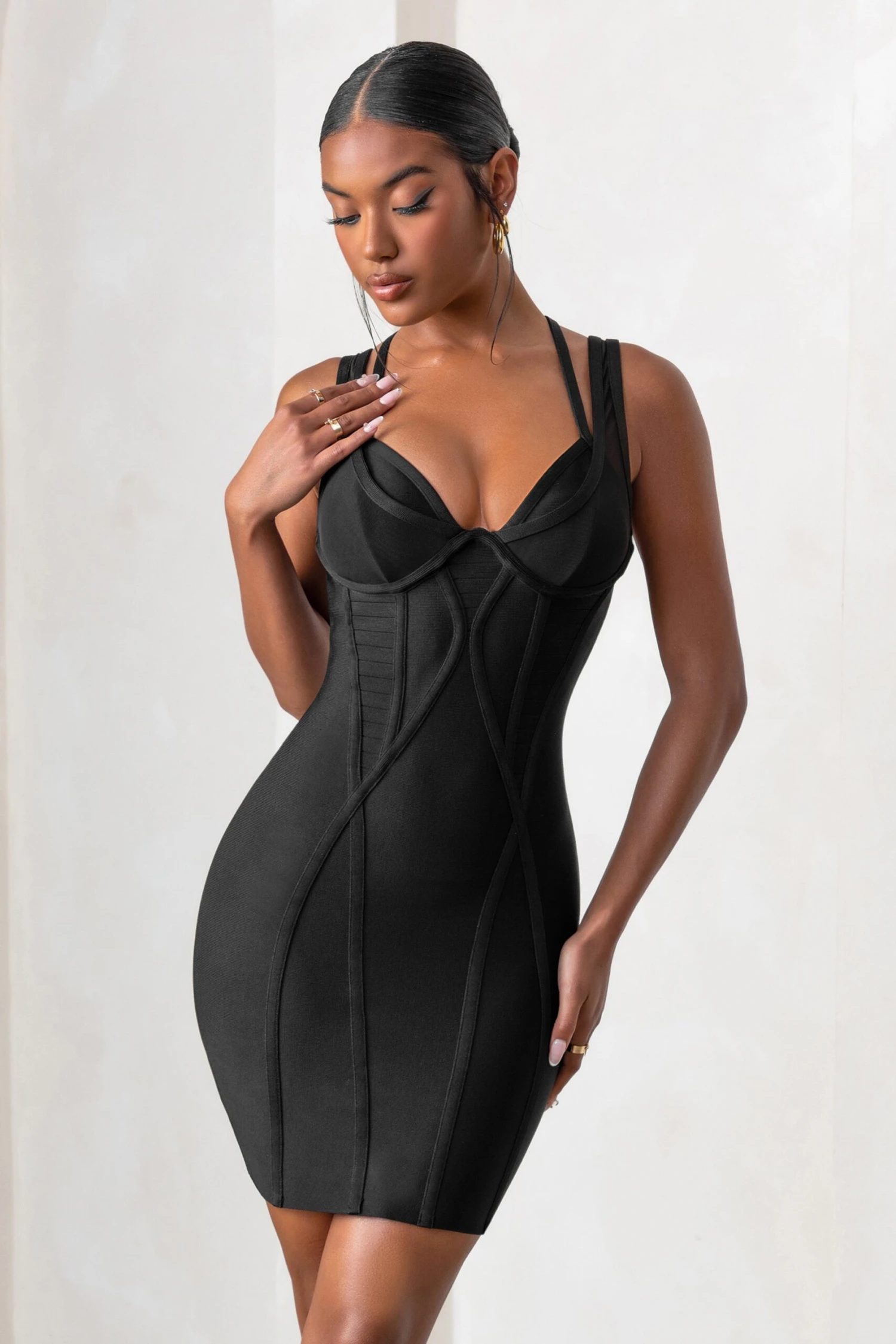Jetsetter | Black Bandage Wired Mini Dress With Shaping Seam Detail - Image 4