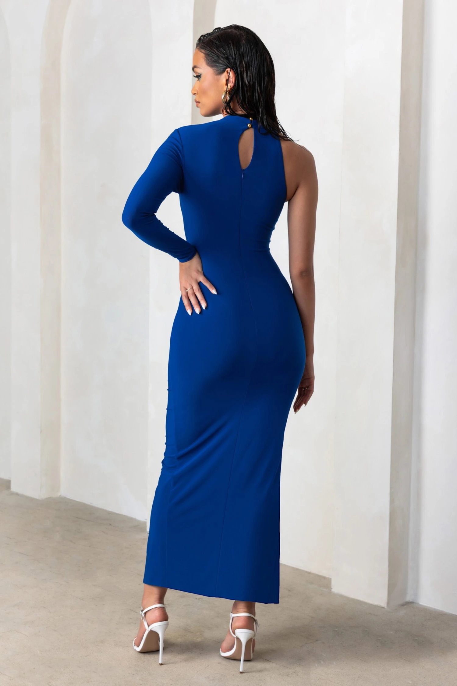 Follow Me | Royal Blue High Neck One Sleeve Maxi Dress With Side Ruching - Image 2