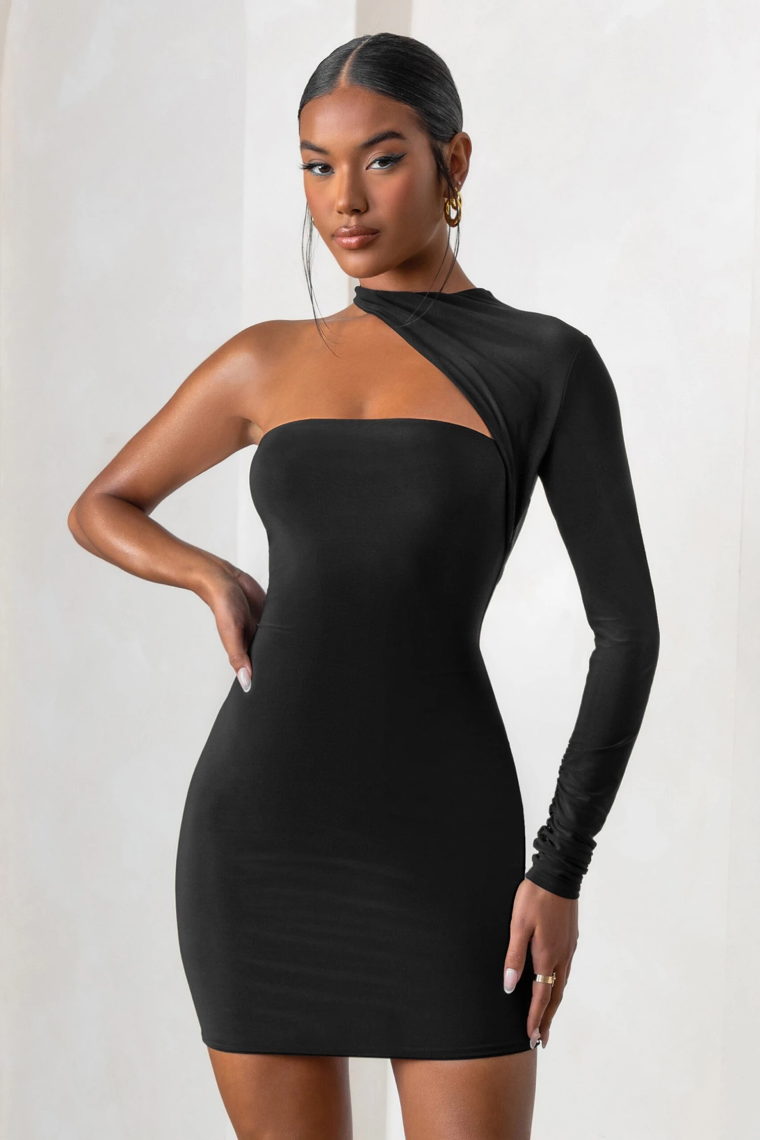 Perfect Touch | Black One Shoulder Long Sleeve Mini Dress - Image 4