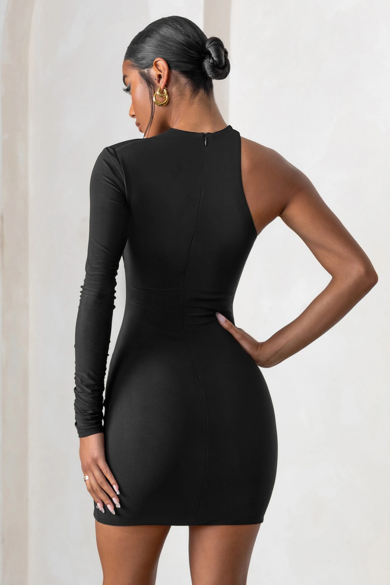 Perfect Touch | Black One Shoulder Long Sleeve Mini Dress - Image 2