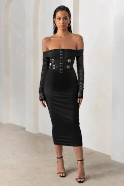 Precious Treasure | Black Bardot Corset Buckle Detail Midi Dress With Mesh Sleeves