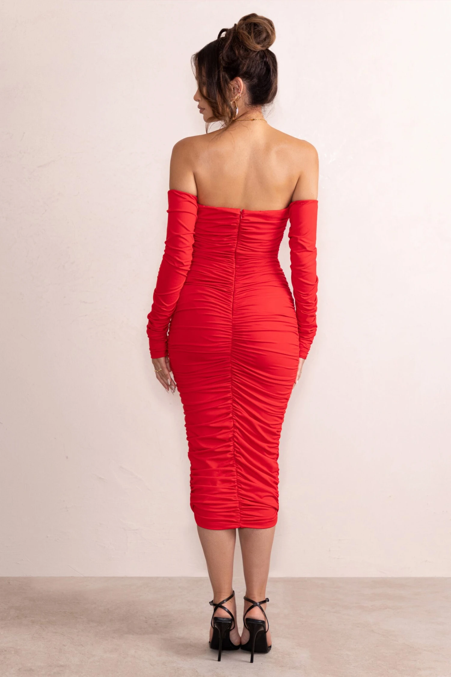 Charlotte | Red Deep Plunge Ruched Long Sleeved Midi Dress - Image 2