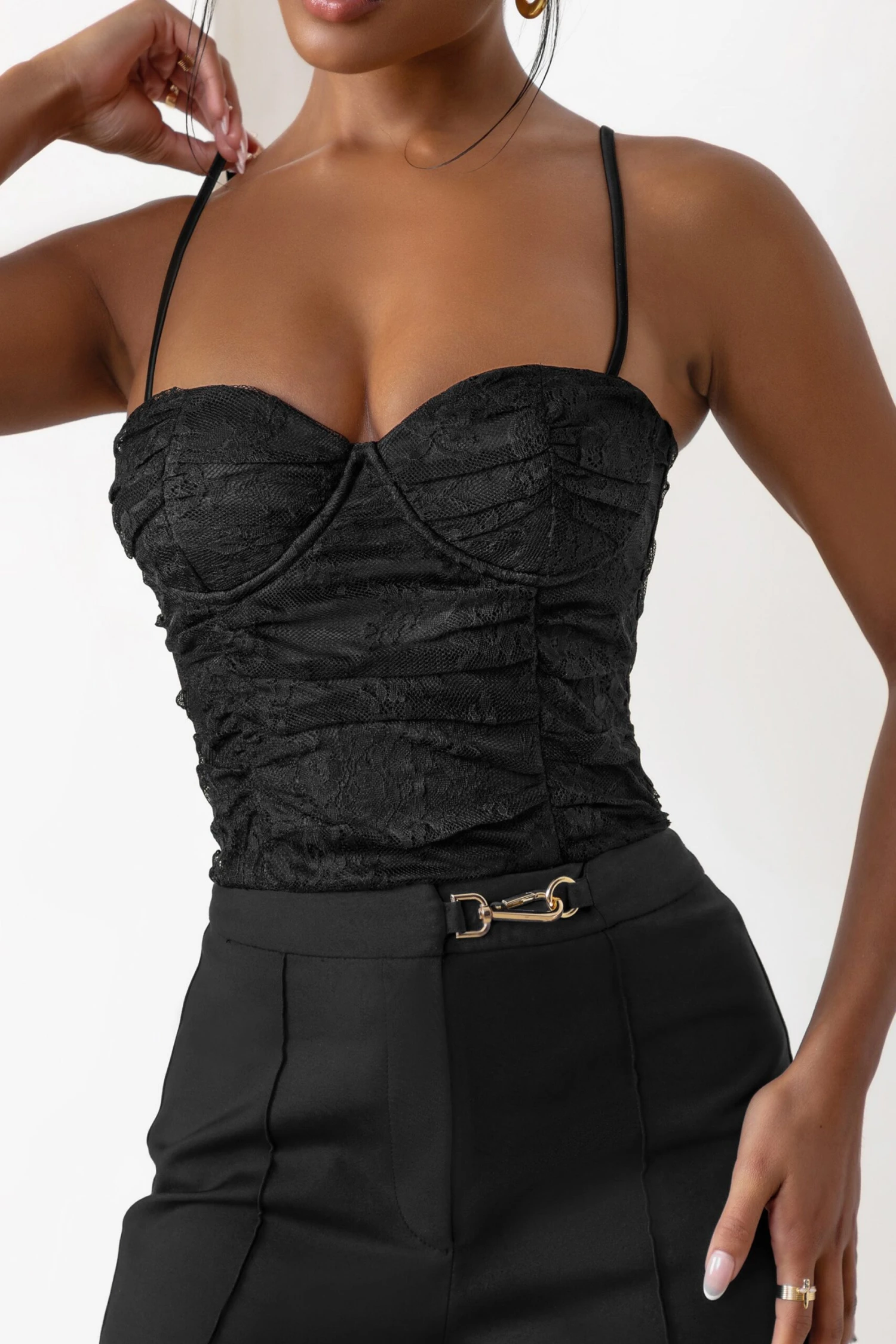 Talulla | Black Lace Ruched Mesh Top With Bra Cup Detail - Image 3