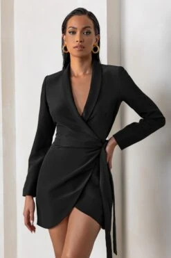Ariel | Black Plunge Neck Tie Waist Tailored Blazer Mini Dress