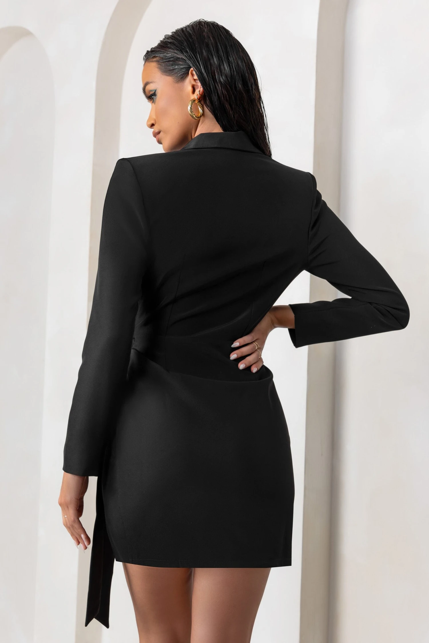 Ariel | Black Plunge Neck Tie Waist Tailored Blazer Mini Dress - Image 2