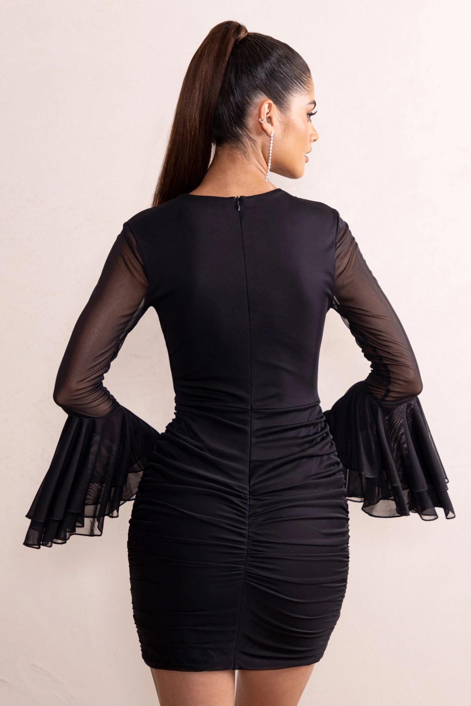 Leilani | Black Ruched Deep Plunge Chiffon Mini Dress With Ruffled Sleeves - Image 2