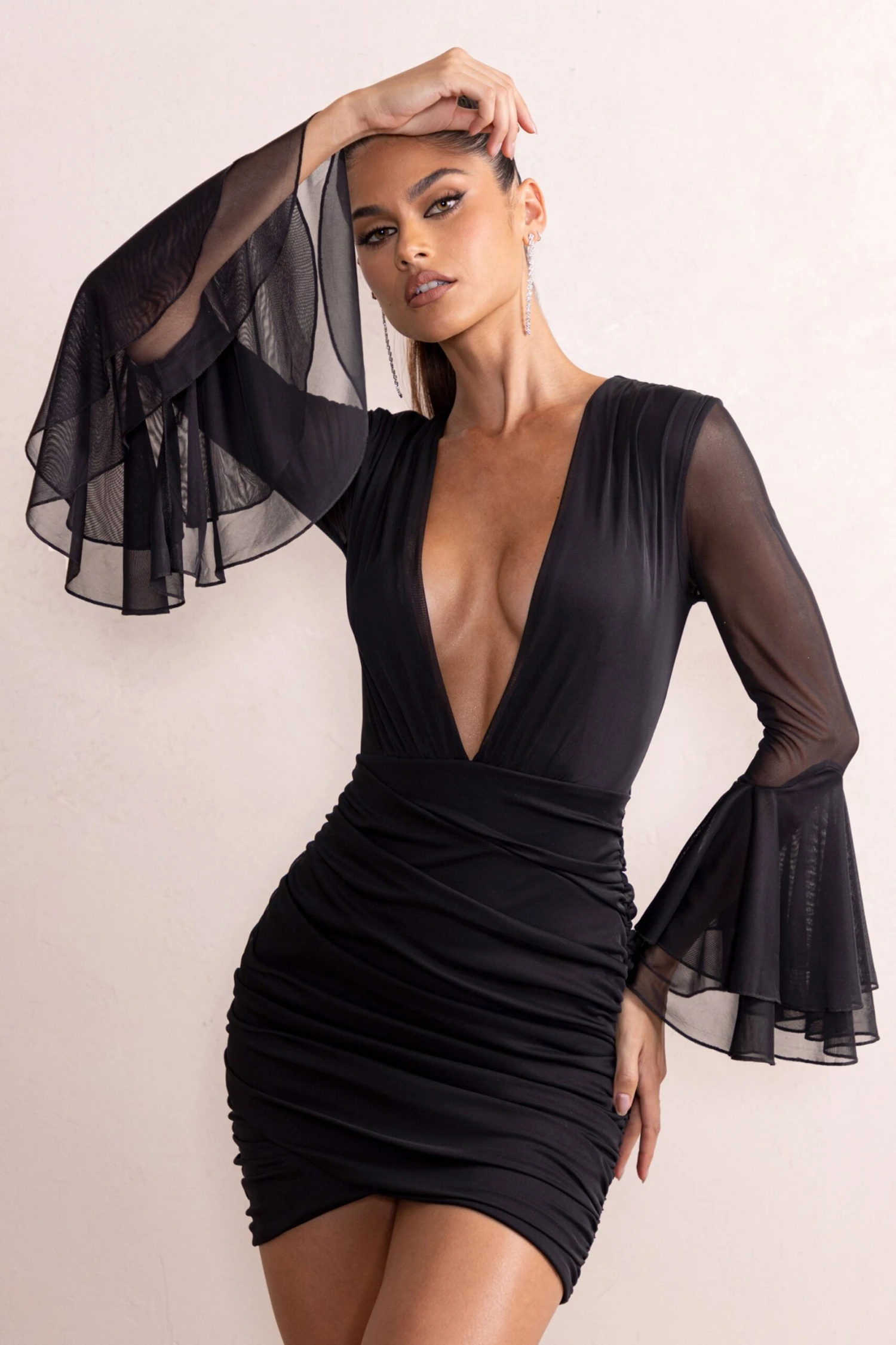 Leilani | Black Ruched Deep Plunge Chiffon Mini Dress With Ruffled Sleeves - Image 4