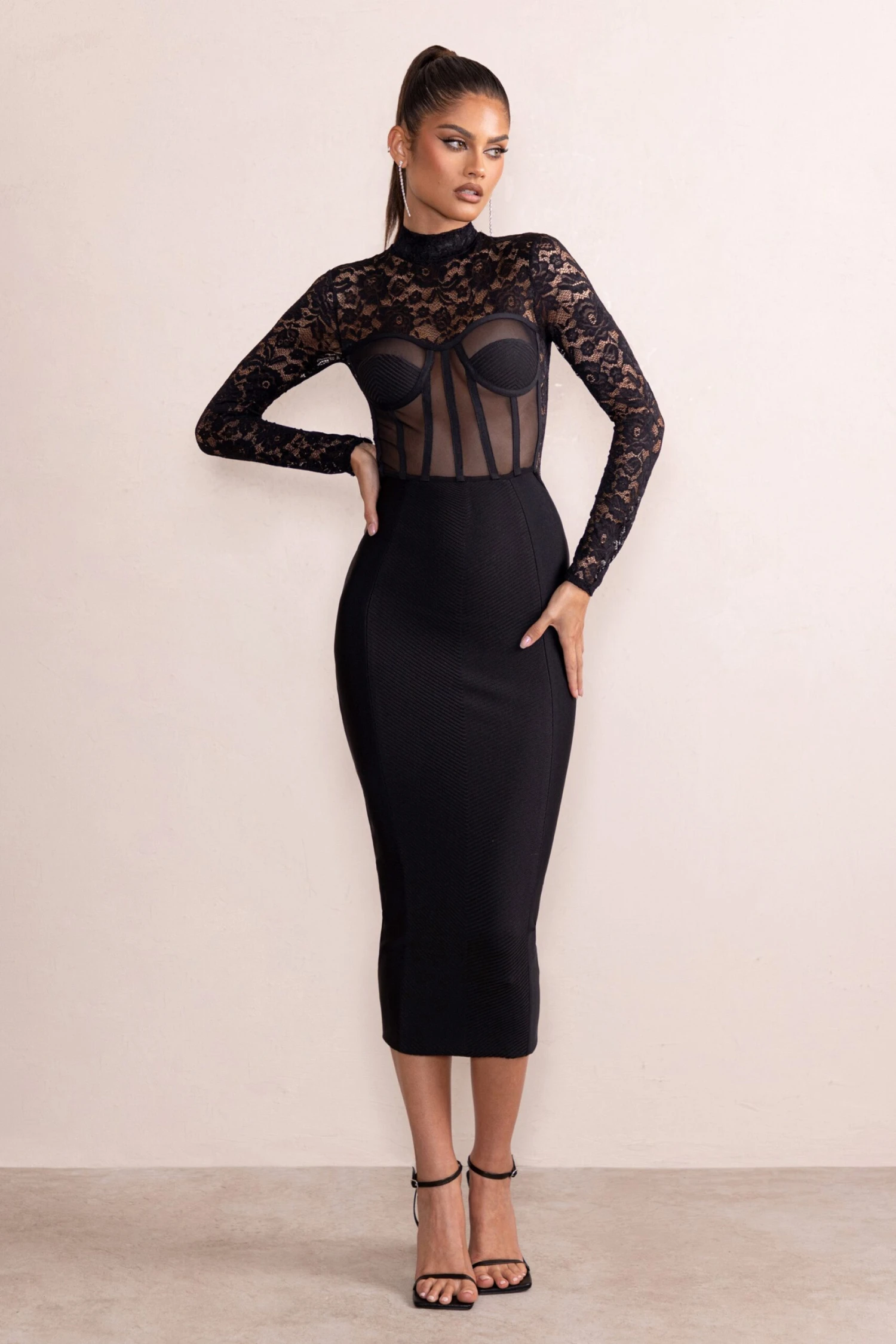 Devora | Black Lace Mesh High Neck Corset Detail Midi Dress With Long Sleeves - Image 5