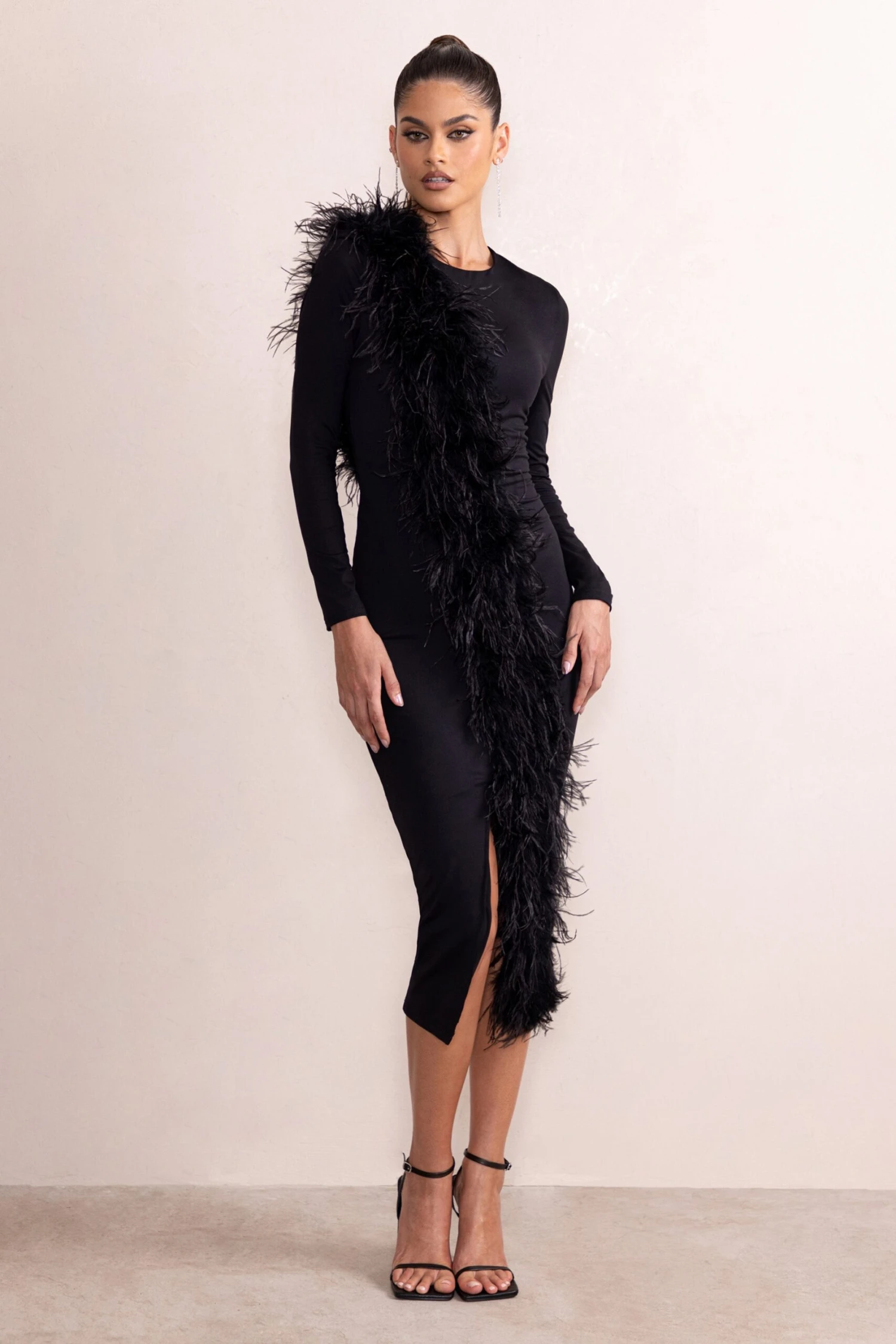 Claire | Black High Neck Split Front Long Sleeve Midi Dress With Feather Detail
