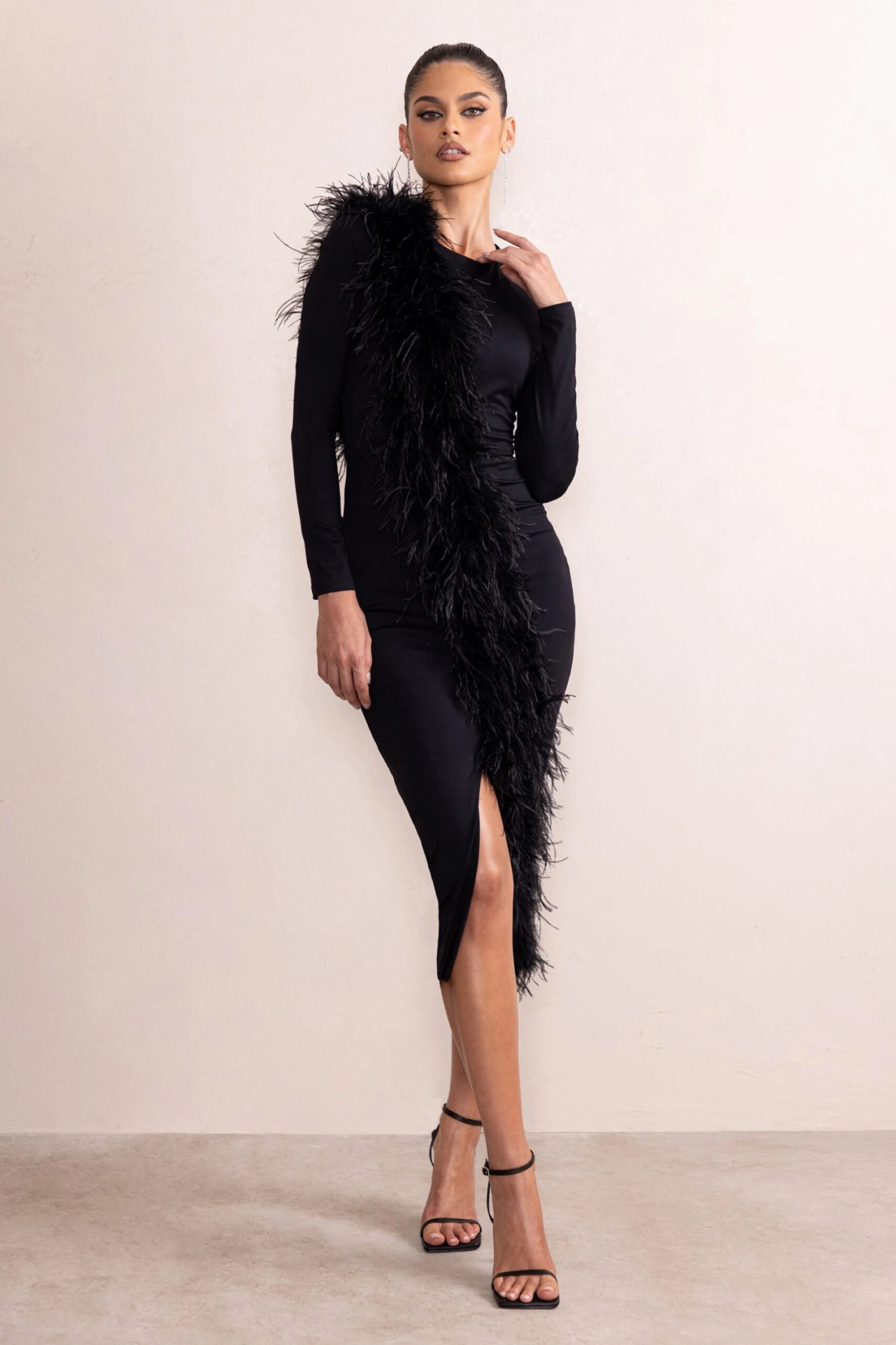 Claire | Black High Neck Split Front Long Sleeve Midi Dress With Feather Detail - Image 4