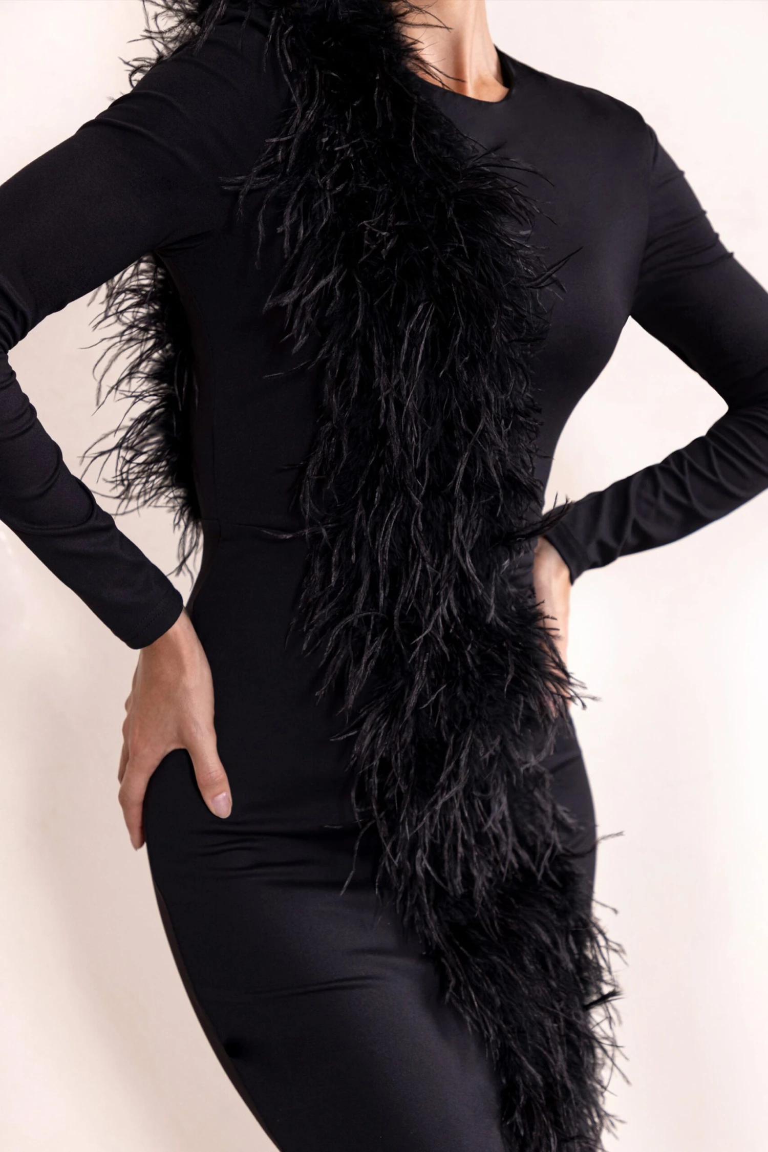 Claire | Black High Neck Split Front Long Sleeve Midi Dress With Feather Detail - Image 3
