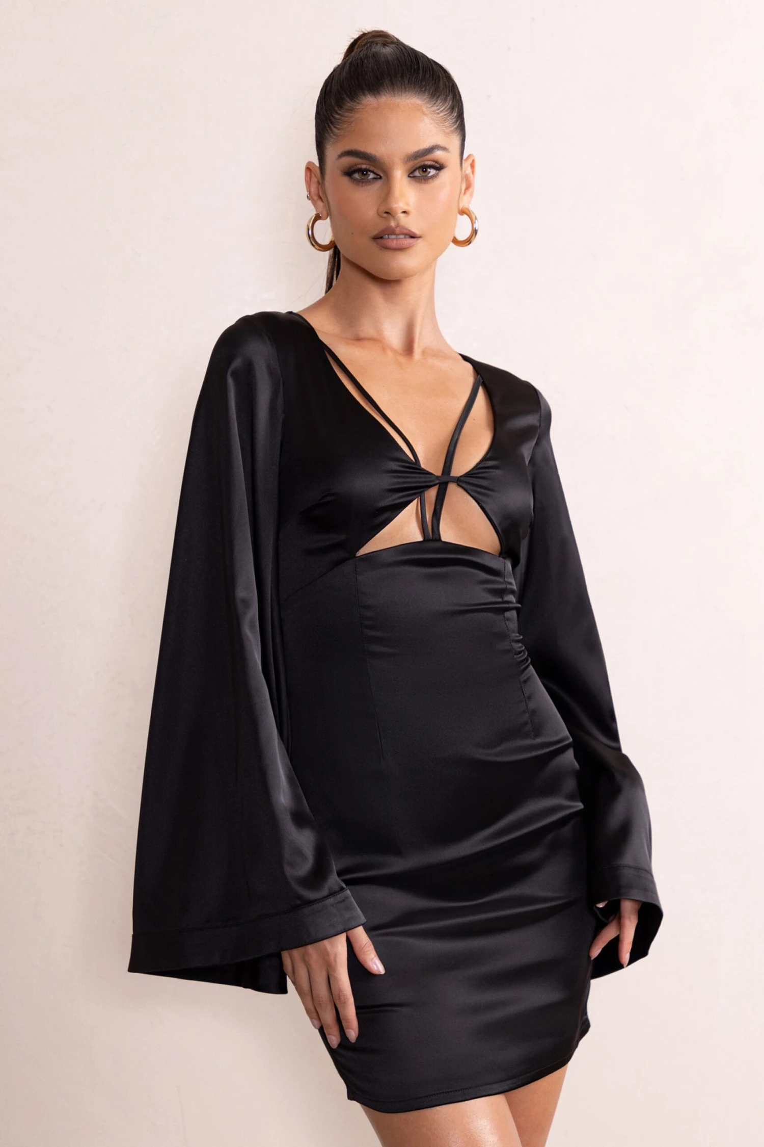 Aubrey | Black Plunge Neck Kimono Sleeve Mini Dress