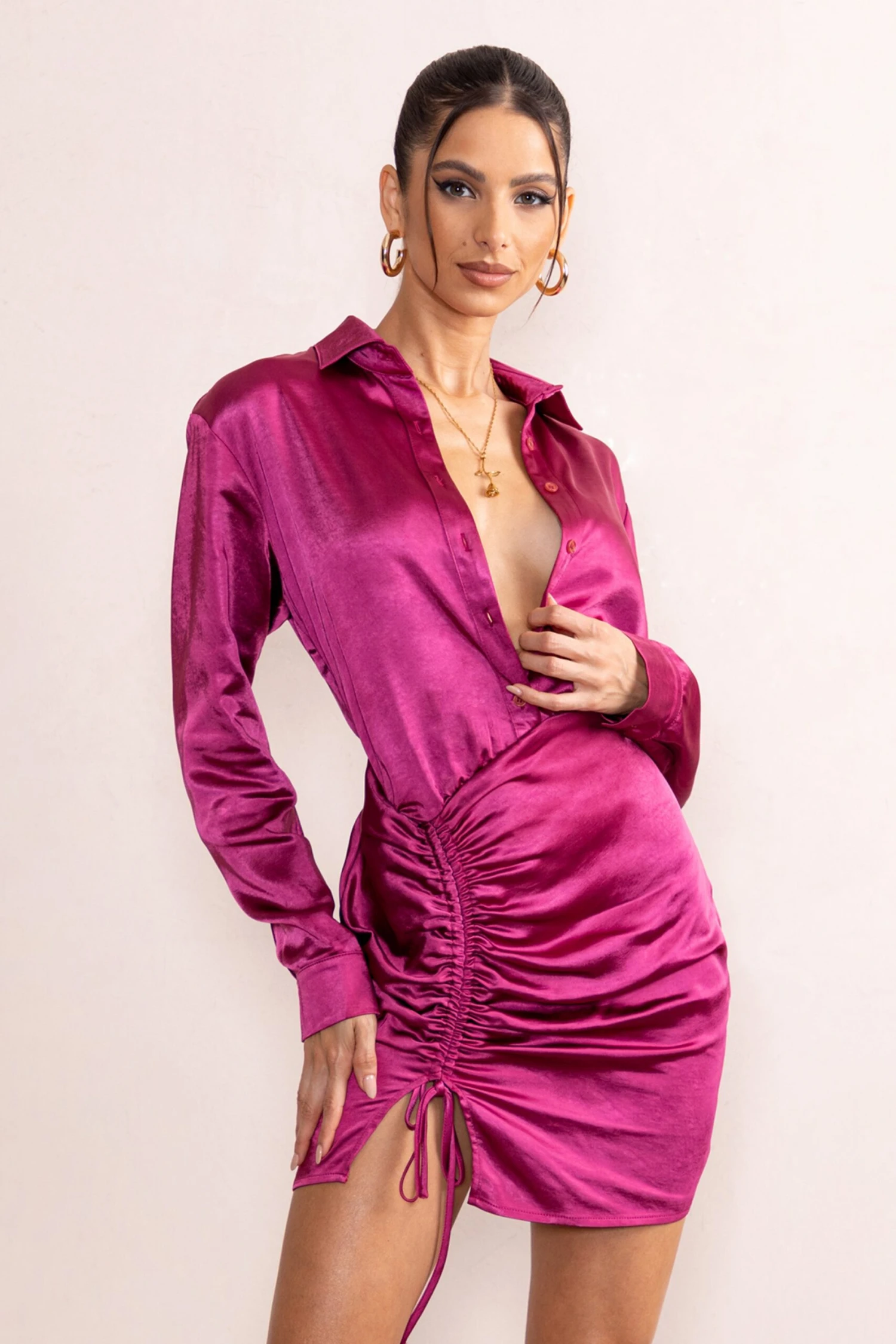 Francine | Orchid Satin Ruched Long Sleeve Shirt Mini Dress - Image 5