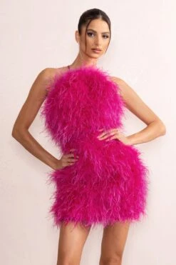 Gina | Pink High Neck Feather Mini Dress With Cross Back